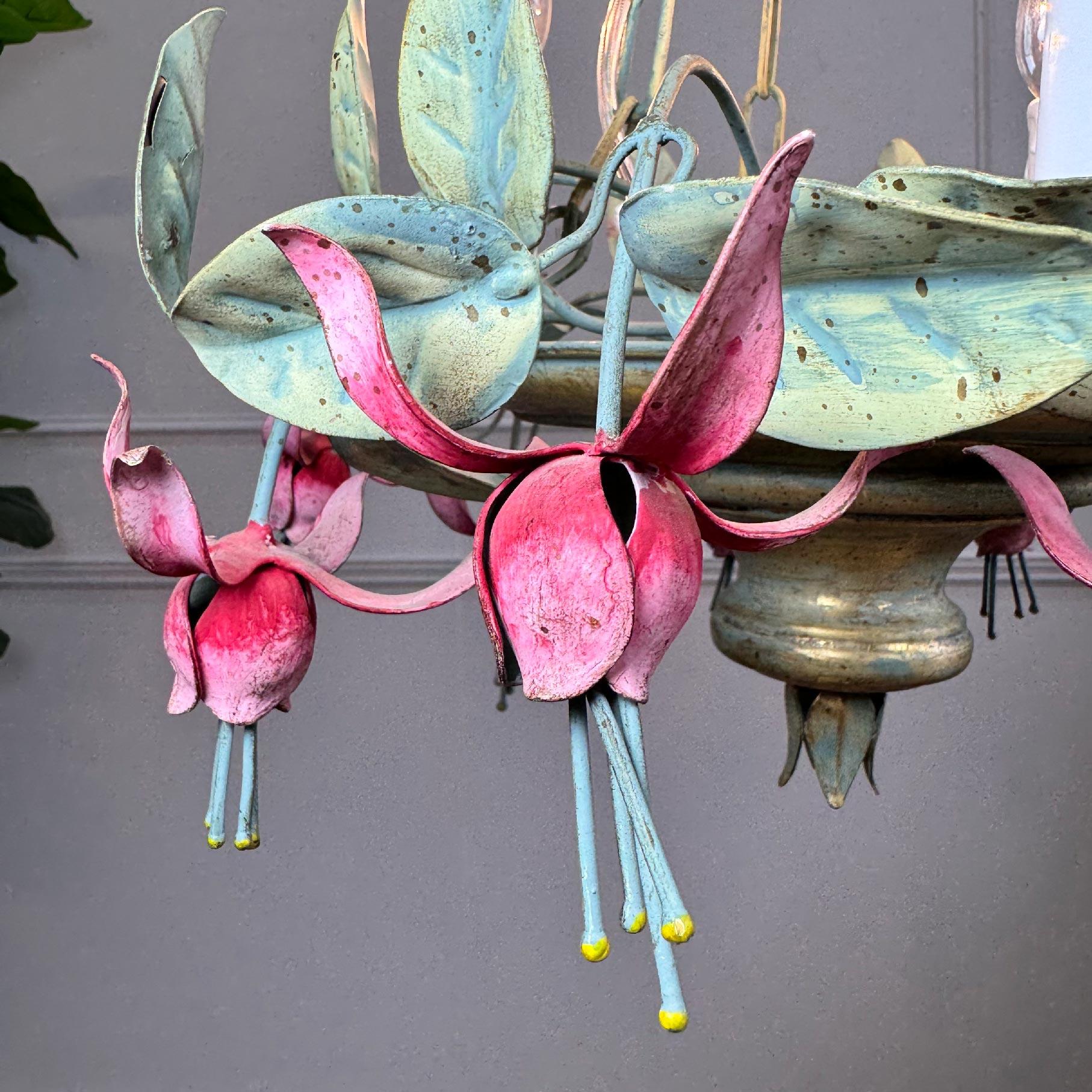 Italian 1950's Fuchsia Flower Tole Chandelier For Sale 3