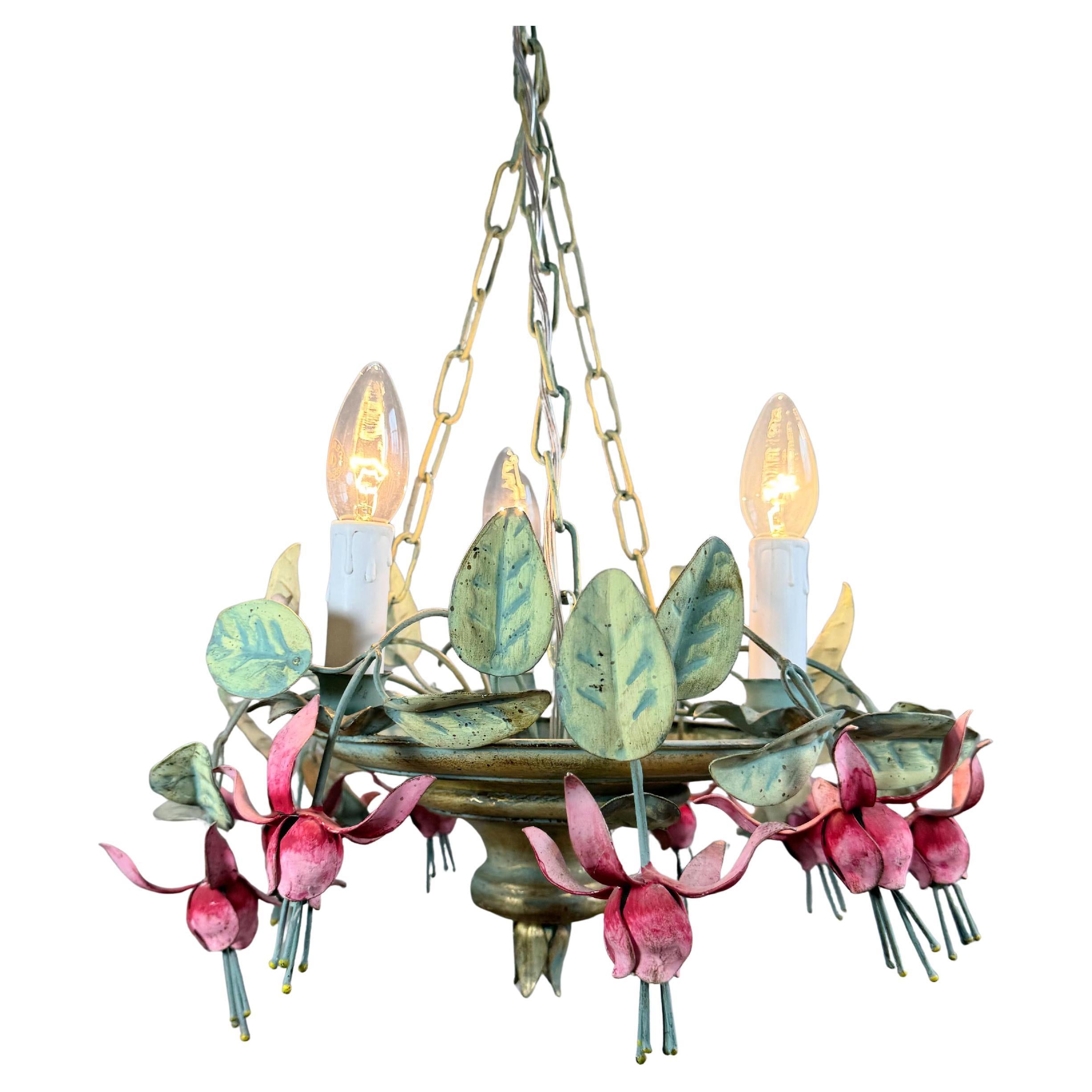 Lampadario italiano anni
50 a tole floreali fucsia