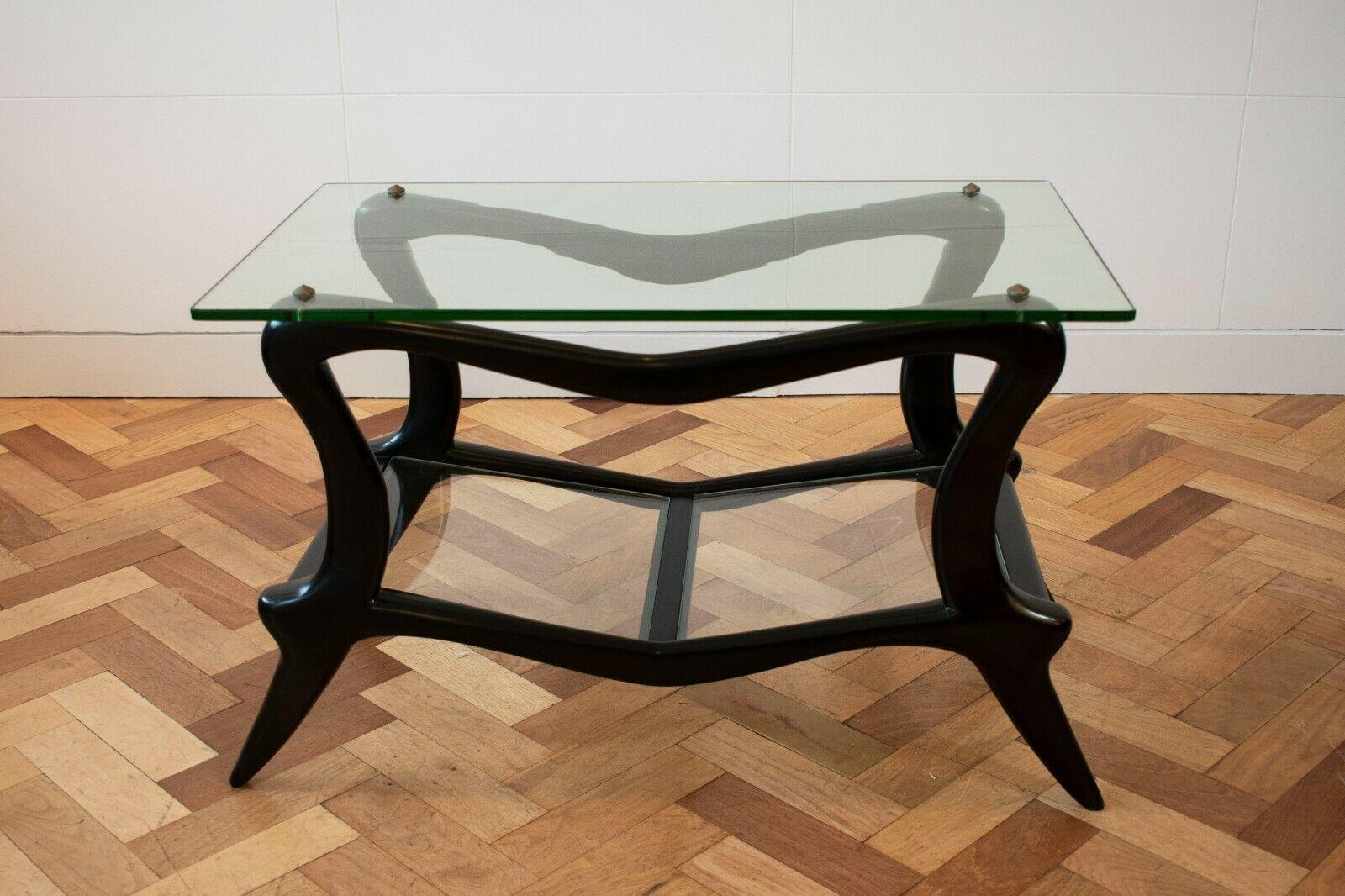 Mid-Century Modern Wood Sculptural Coffee Table, Italian, Glass and Ebonised Wood, 1950's 