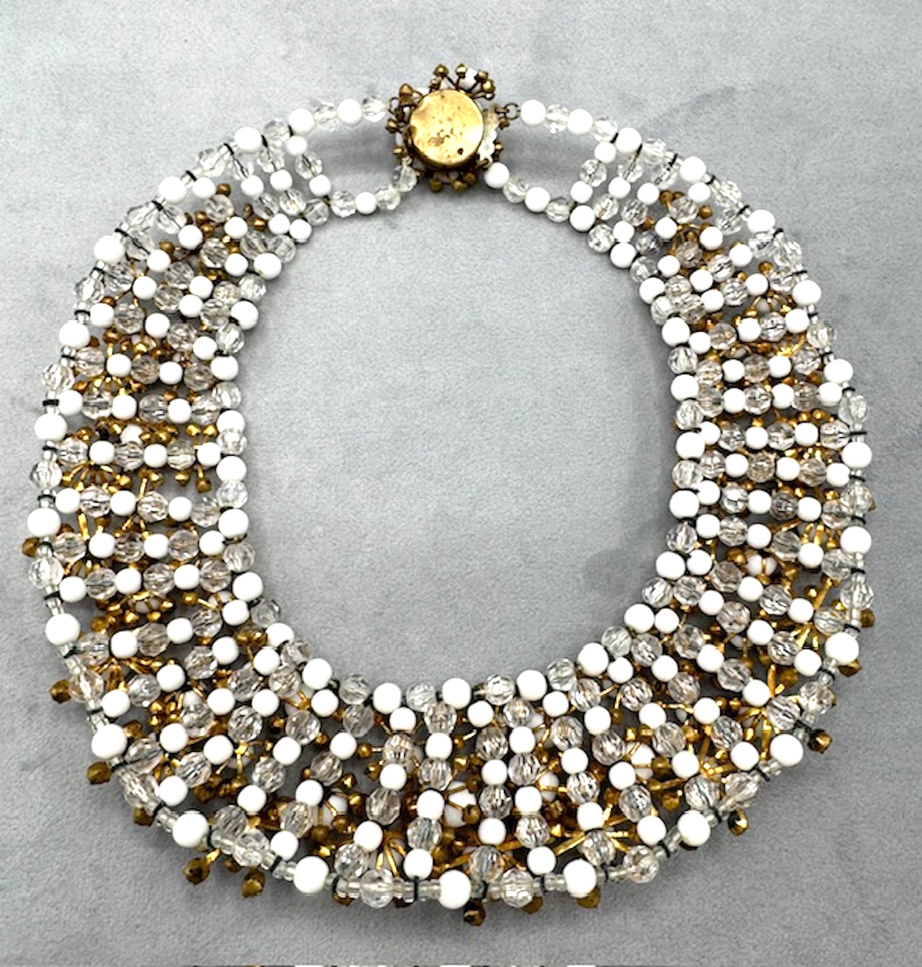 Italian 1950s Gold, Rhinestone & White Bead Collar Necklace, Bijoux LoSa For Sale 5