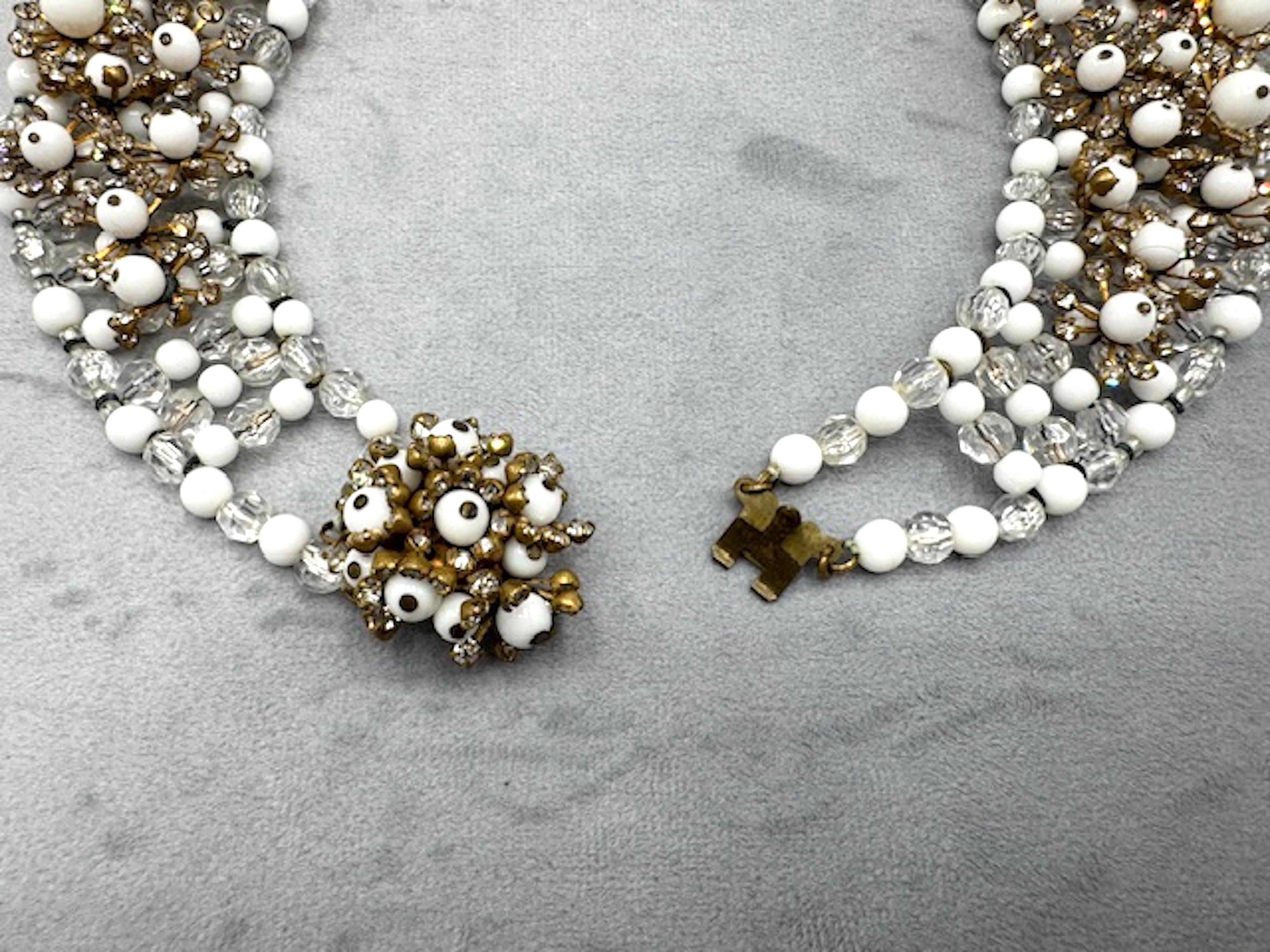 Italian 1950s Gold, Rhinestone & White Bead Collar Necklace, Bijoux LoSa For Sale 6