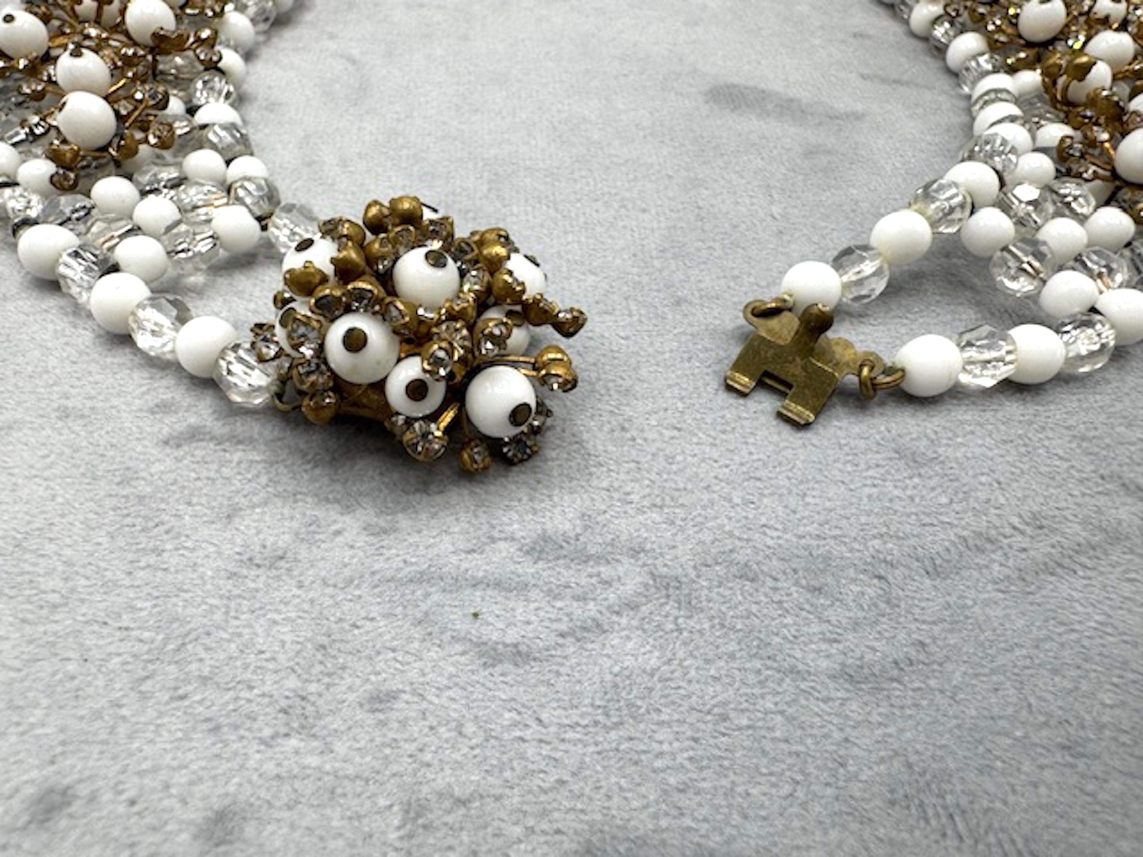 Italian 1950s Gold, Rhinestone & White Bead Collar Necklace, Bijoux LoSa For Sale 7