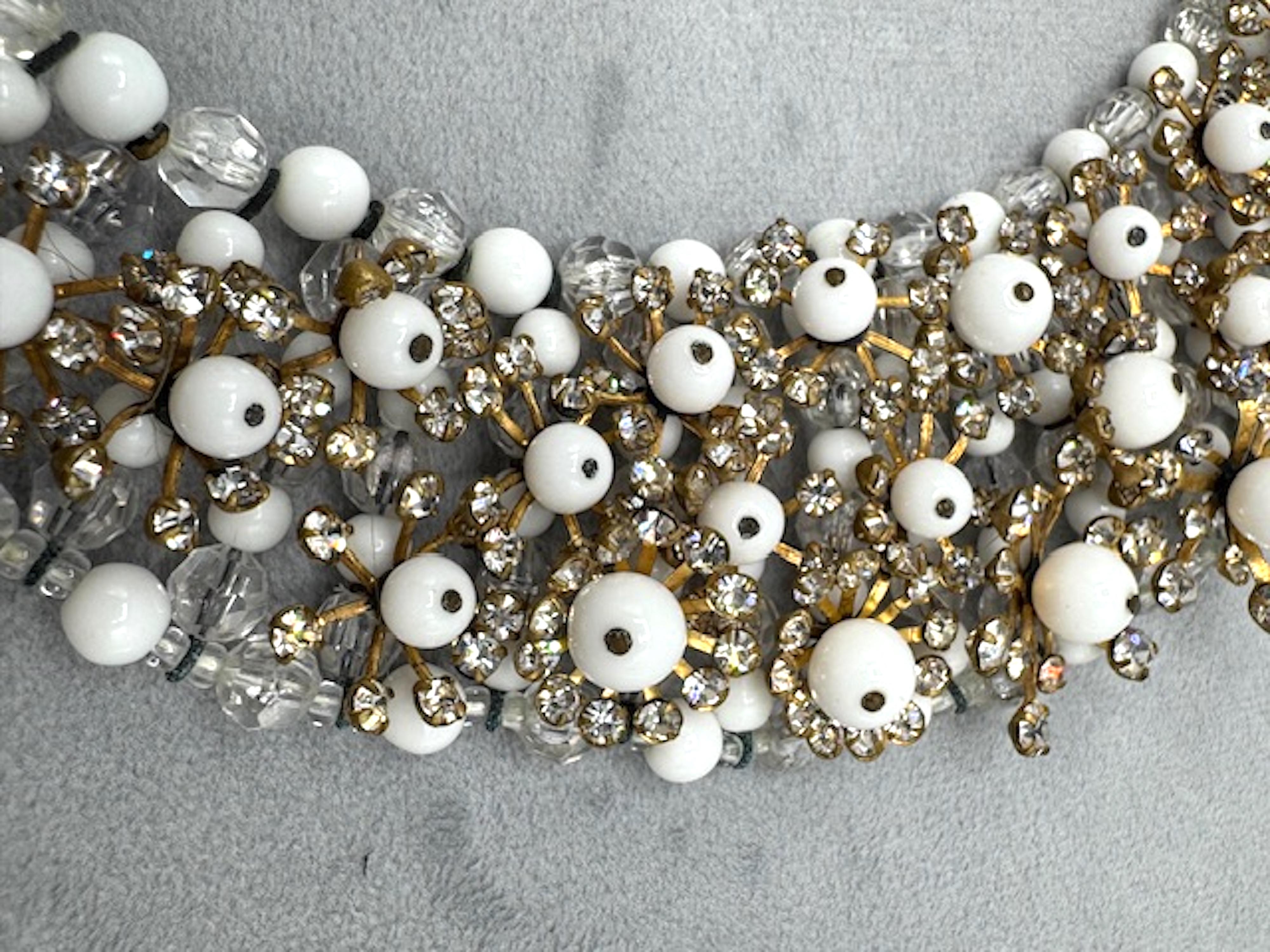 Italian 1950s Gold, Rhinestone & White Bead Collar Necklace, Bijoux LoSa For Sale 8