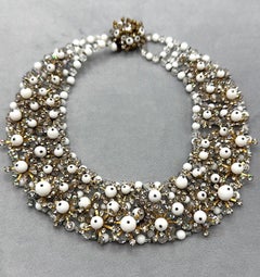Italian 1950s Gold, Rhinestone & White Bead Collar Necklace, Bijoux LoSa