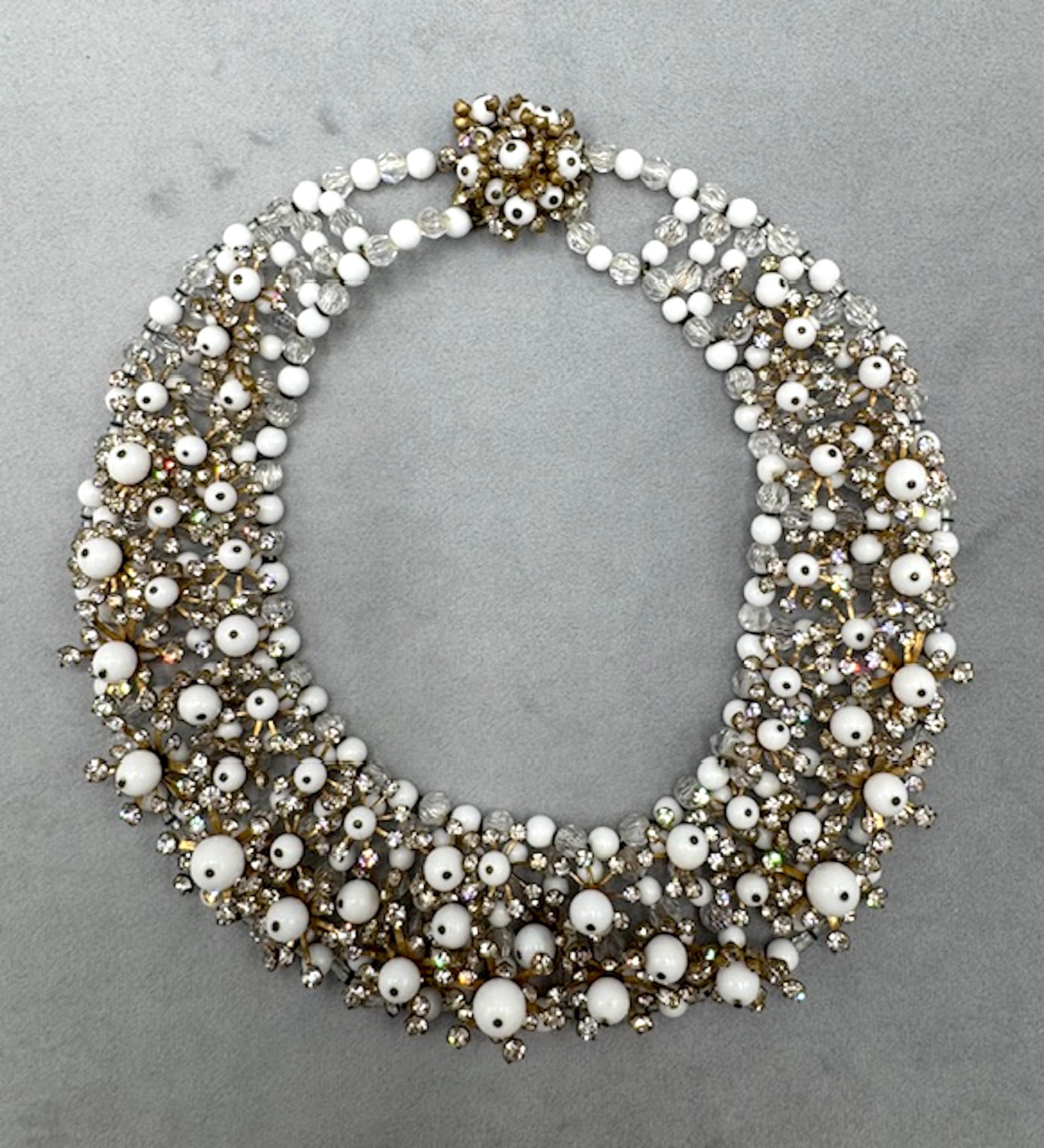 Brilliant Cut Italian 1950s Gold, Rhinestone & White Bead Collar Necklace, Bijoux LoSa For Sale