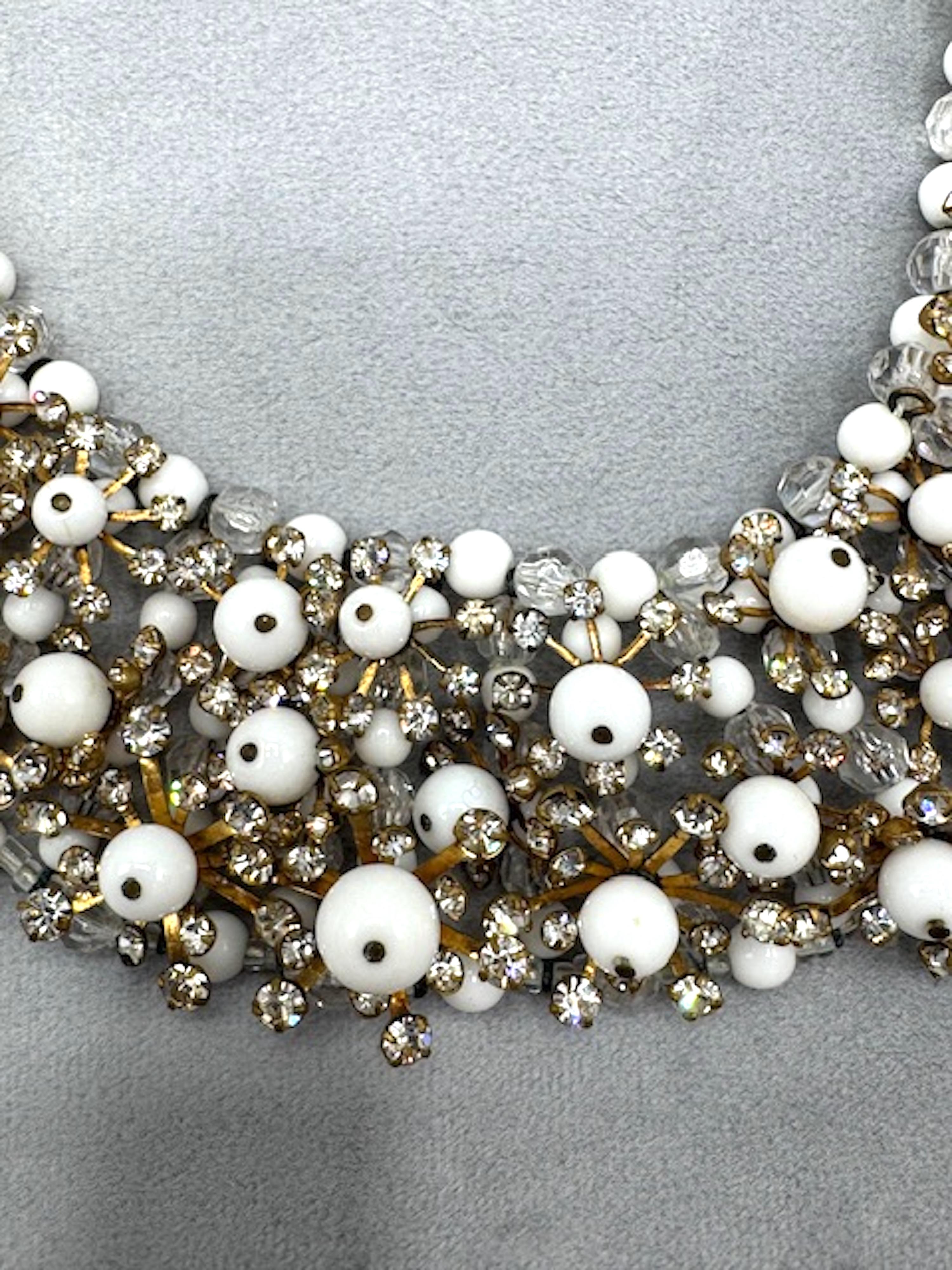 Women's Italian 1950s Gold, Rhinestone & White Bead Collar Necklace, Bijoux LoSa For Sale