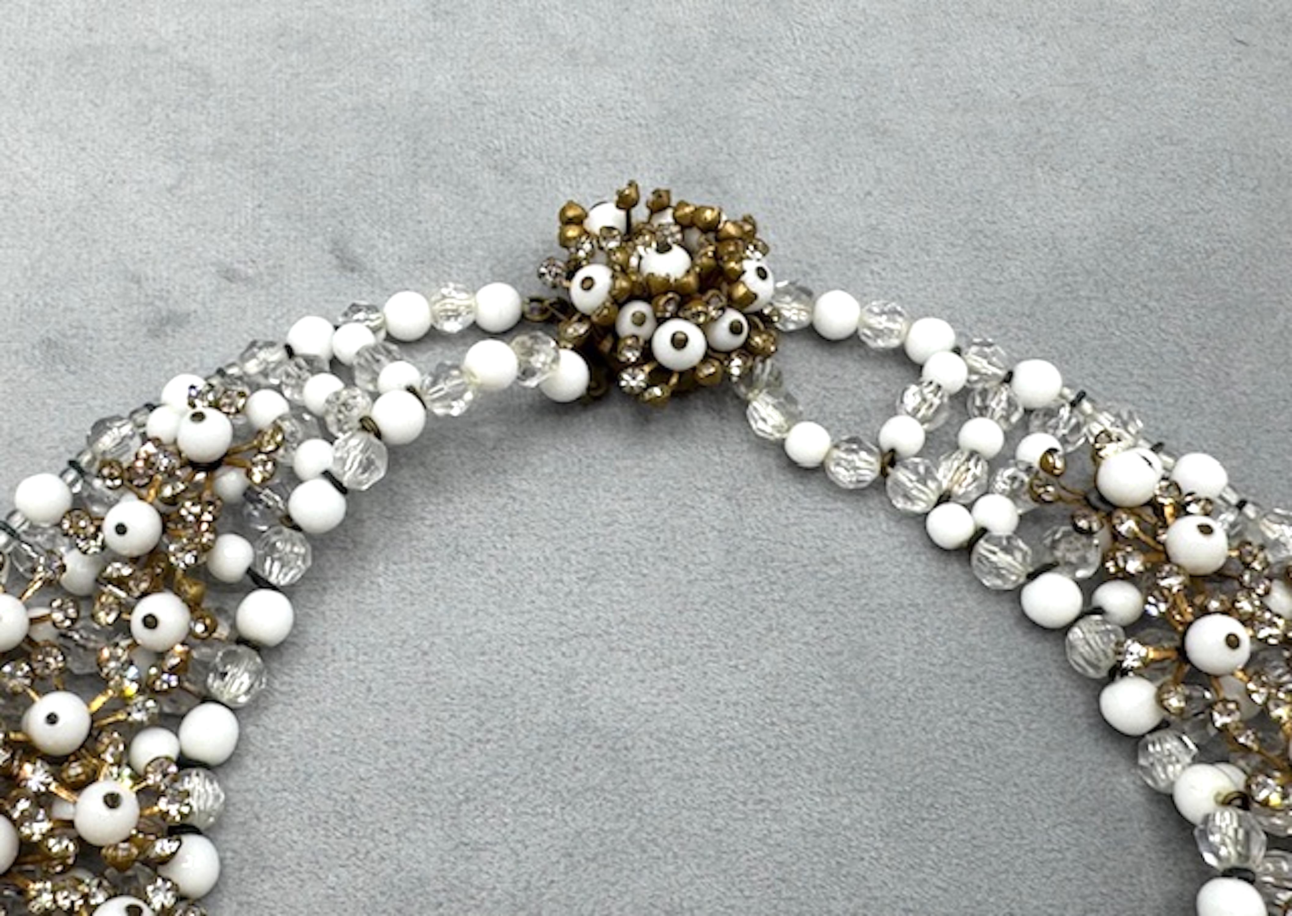 Italian 1950s Gold, Rhinestone & White Bead Collar Necklace, Bijoux LoSa For Sale 3
