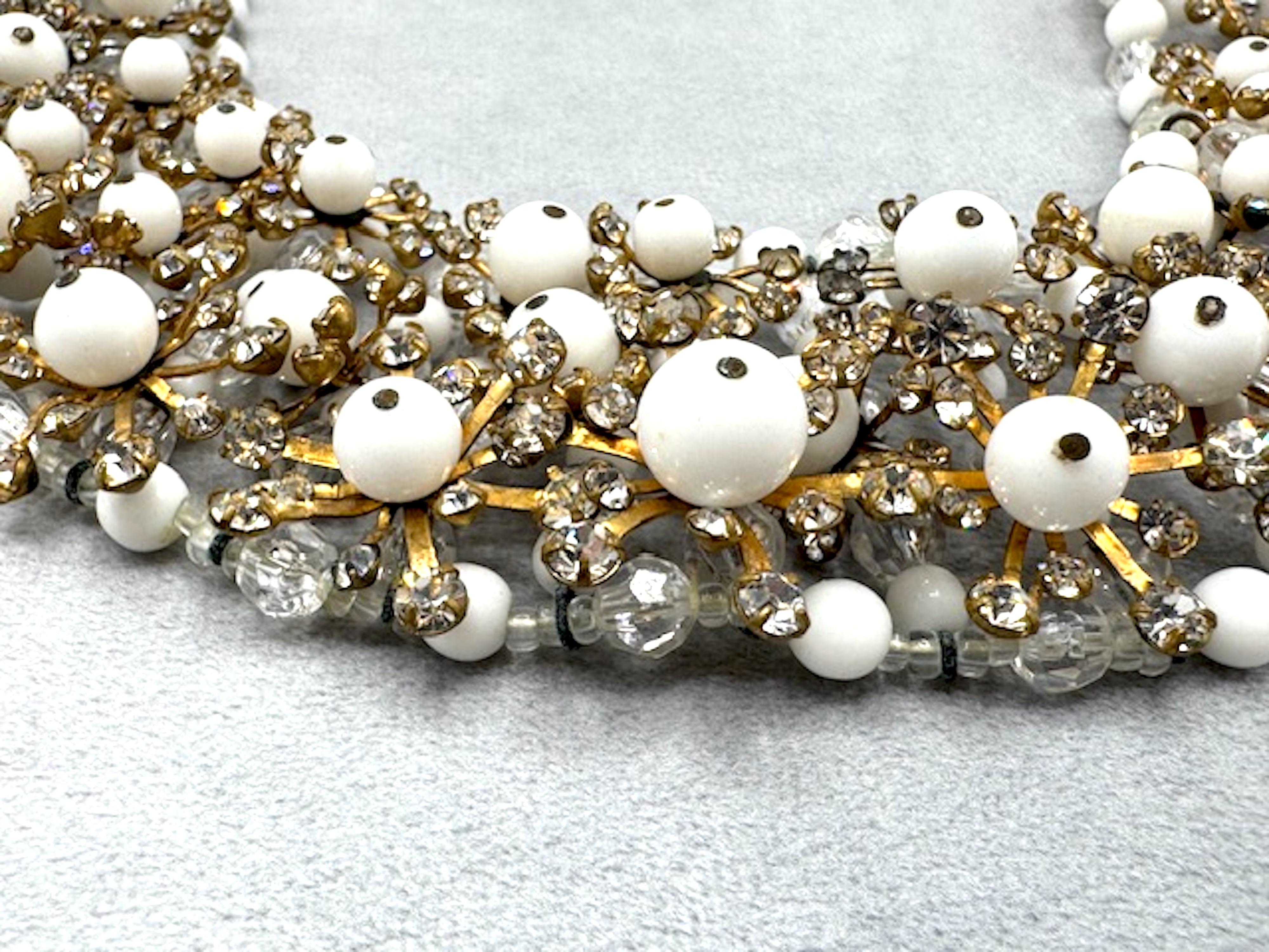 Italian 1950s Gold, Rhinestone & White Bead Collar Necklace, Bijoux LoSa For Sale 4