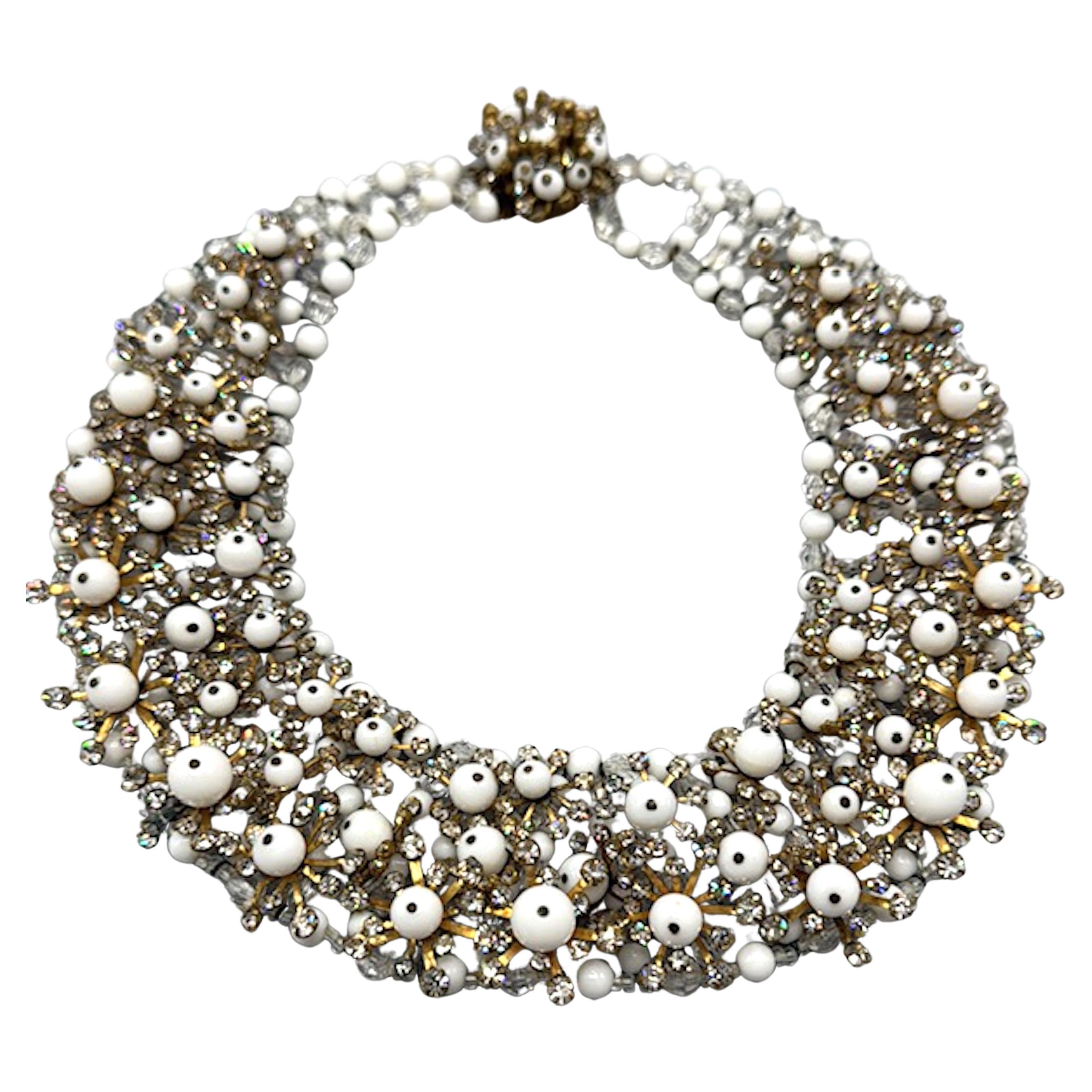 Italian 1950s Gold, Rhinestone & White Bead Collar Necklace, Bijoux LoSa For Sale