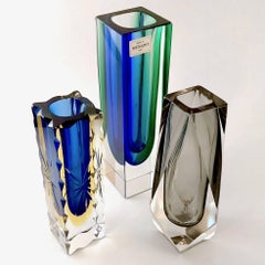 Italian 1950s Set of Three Gray, Blue Green, Blue Yellow Murano Glass Vases