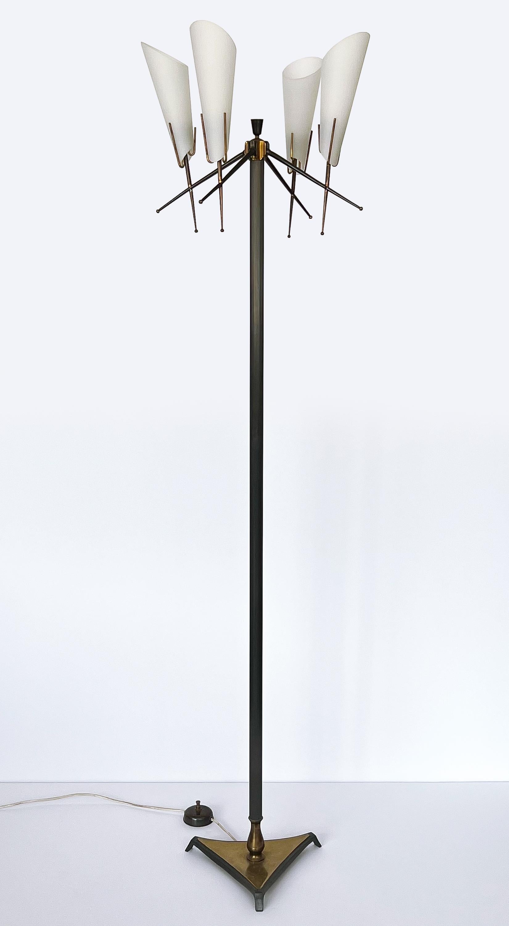 Mid-Century Modern Italian 1950s Gunmetal and Brass Four Light Floor Lamp