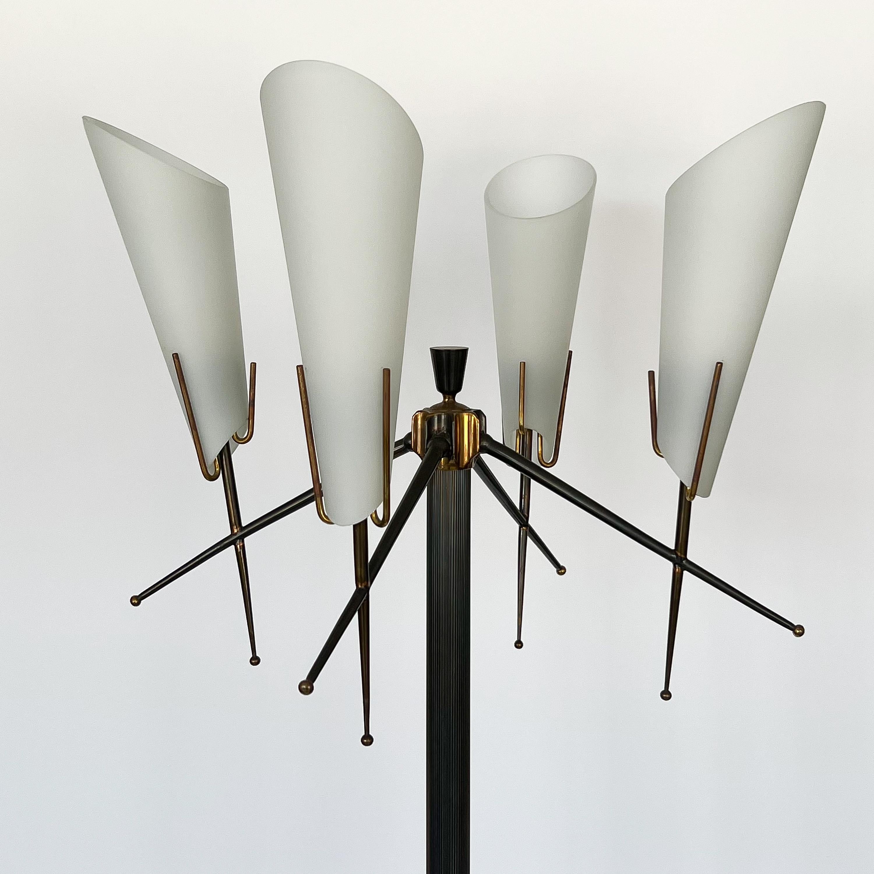 Mid-20th Century Italian 1950s Gunmetal and Brass Four Light Floor Lamp