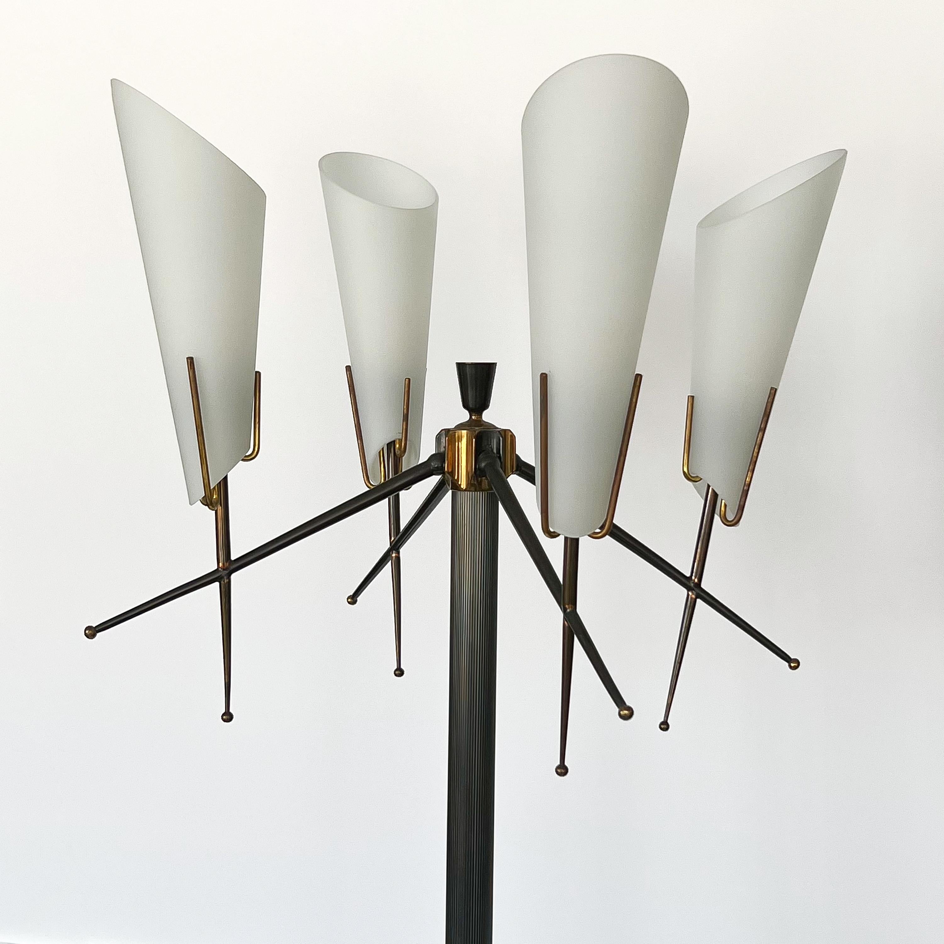 Metal Italian 1950s Gunmetal and Brass Four Light Floor Lamp