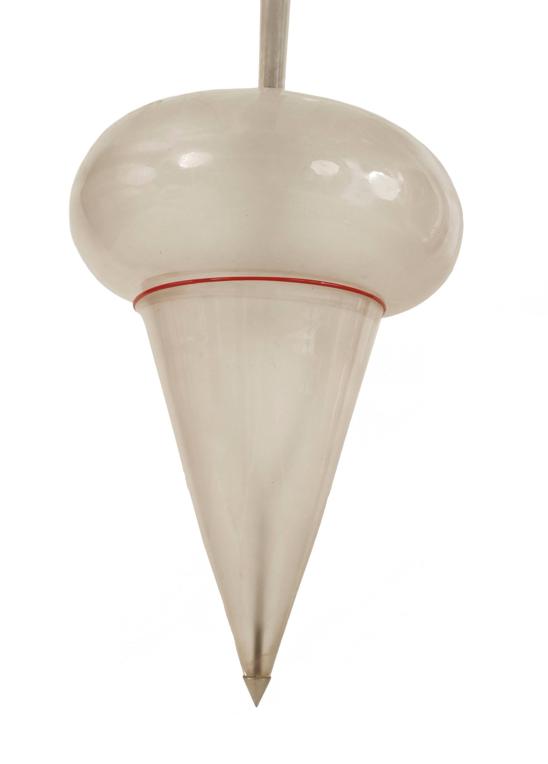 Italian 1950s hand blown frosted glass lantern with 2 narrow tiers with a red border trim over a short cylindrical form above a conical bottom section with a small chrome finial bottom (VENINI).
