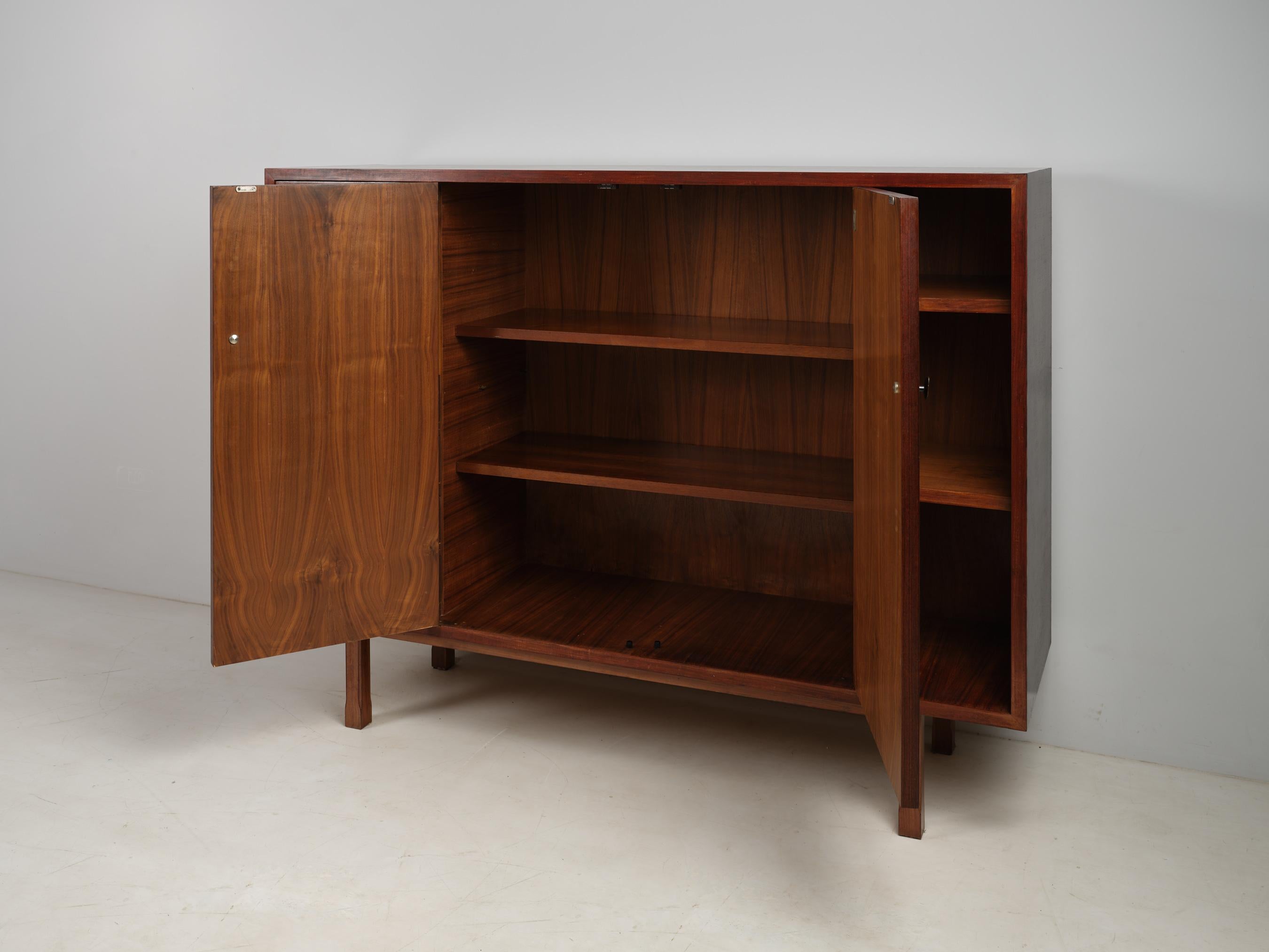 Brass Italian 1950s High Cabinet with Chevron Veneer and Functional Storage For Sale