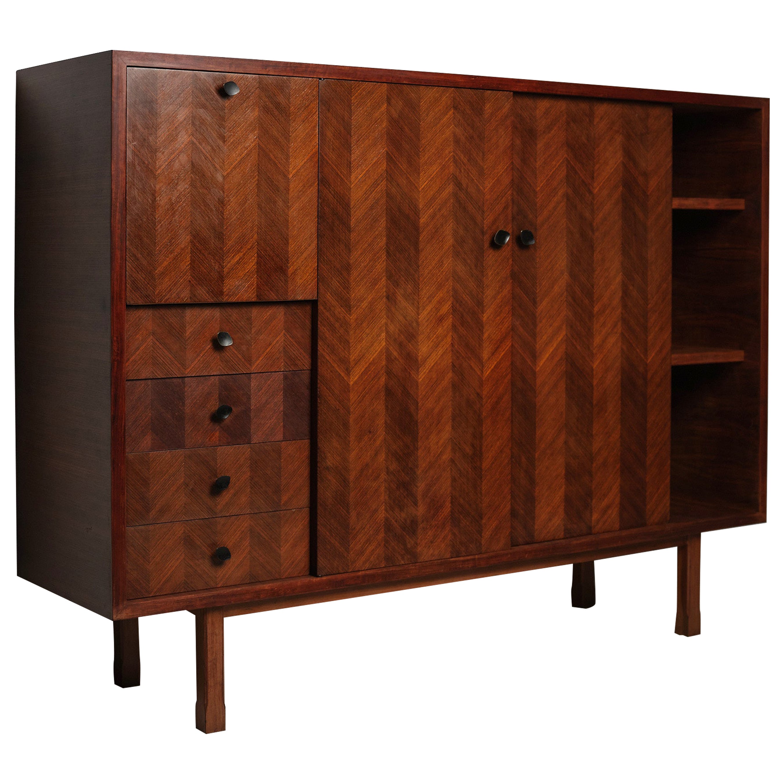 Italian 1950s High Cabinet with Chevron Veneer and Functional Storage For Sale