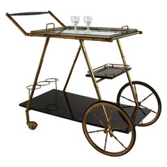 Italian 1950s Hollywood Regency Barcart Trolley Mahogany Faux Bamboo Brass Glass