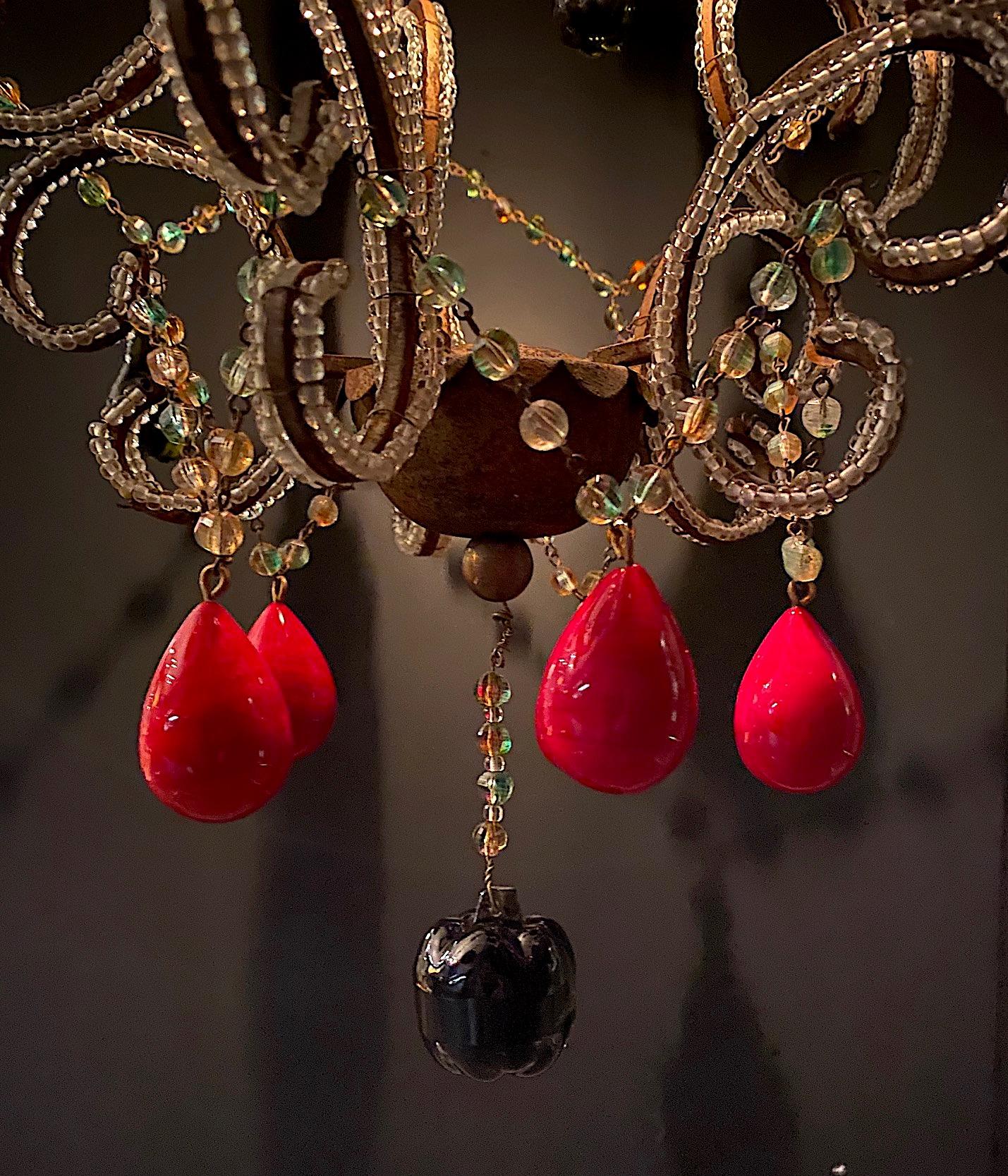 Italian 1950s Hollywood Regency Pendant Light with Venetian Fruits and Beads For Sale 2