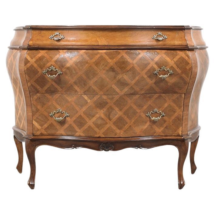Italian Vintage Commode: Restored Wood and Marquetry Veneer Bombay Chest