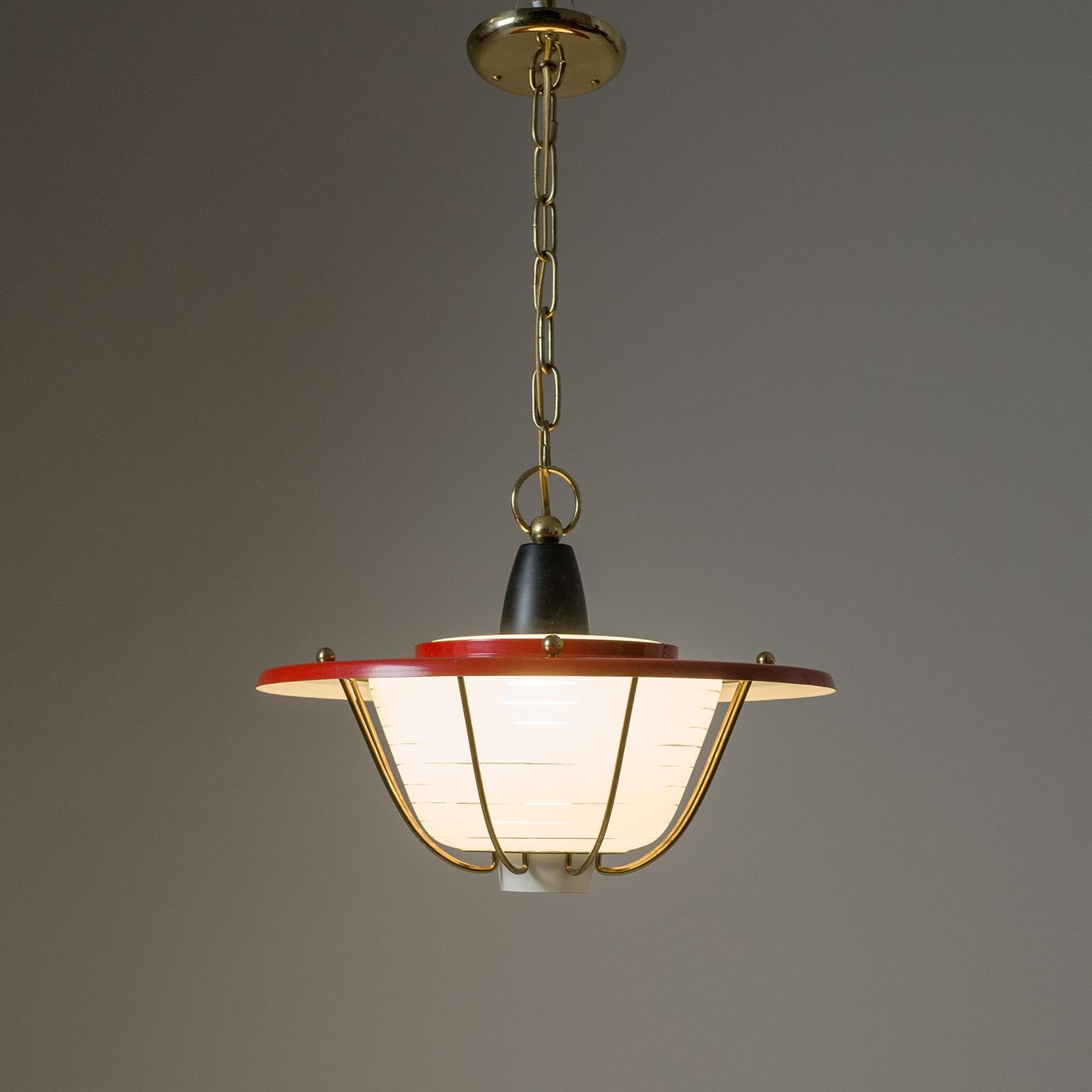 French Lantern, circa 1960, Striped Glass, Brass and Red Shade 6