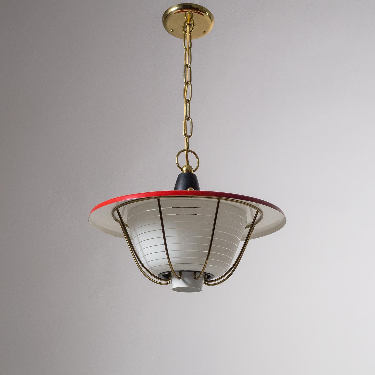 French Lantern, circa 1960, Striped Glass, Brass and Red Shade 8