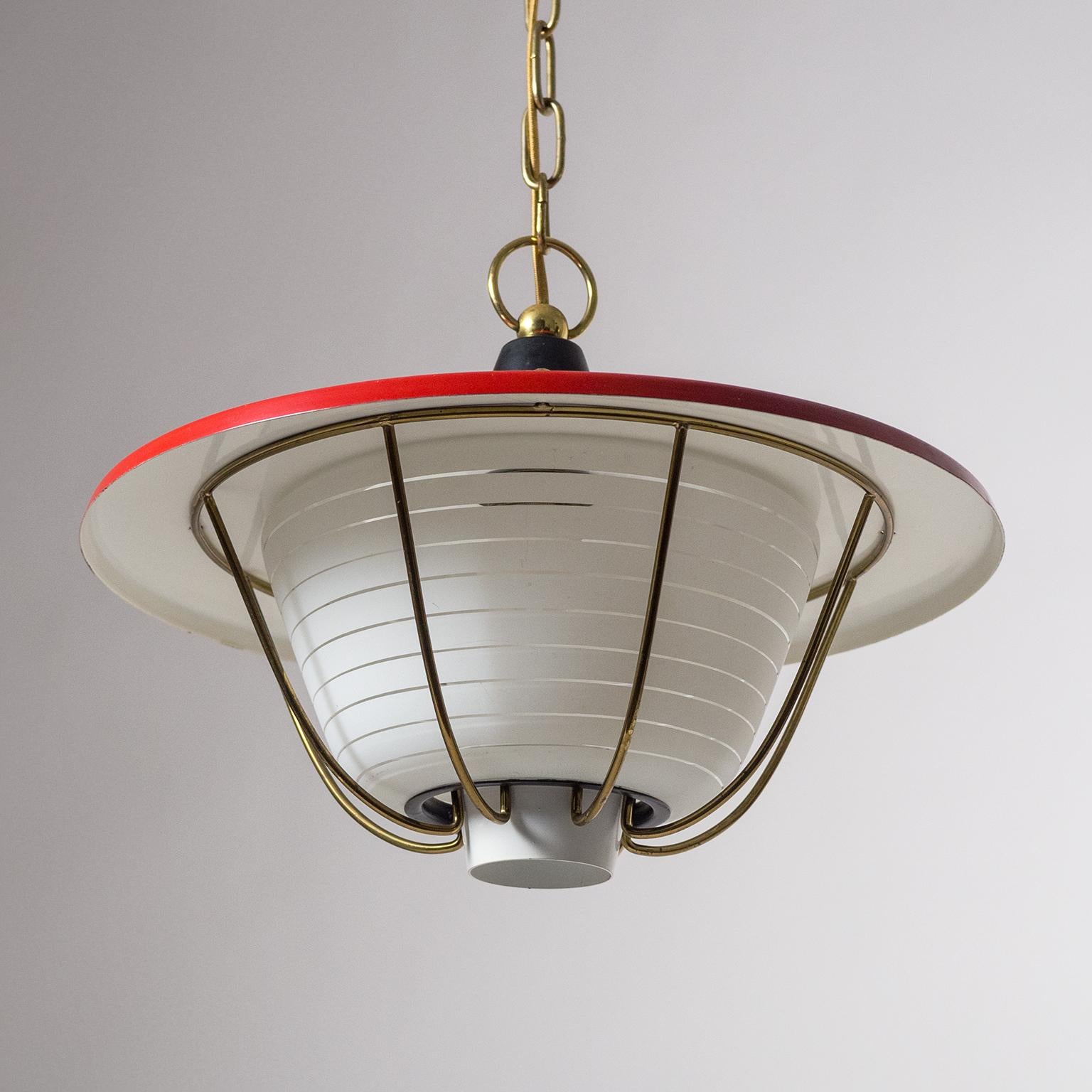 French Lantern, circa 1960, Striped Glass, Brass and Red Shade In Good Condition In Vienna, AT