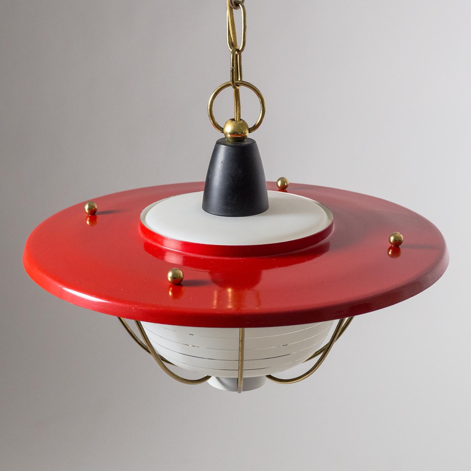 Mid-20th Century French Lantern, circa 1960, Striped Glass, Brass and Red Shade