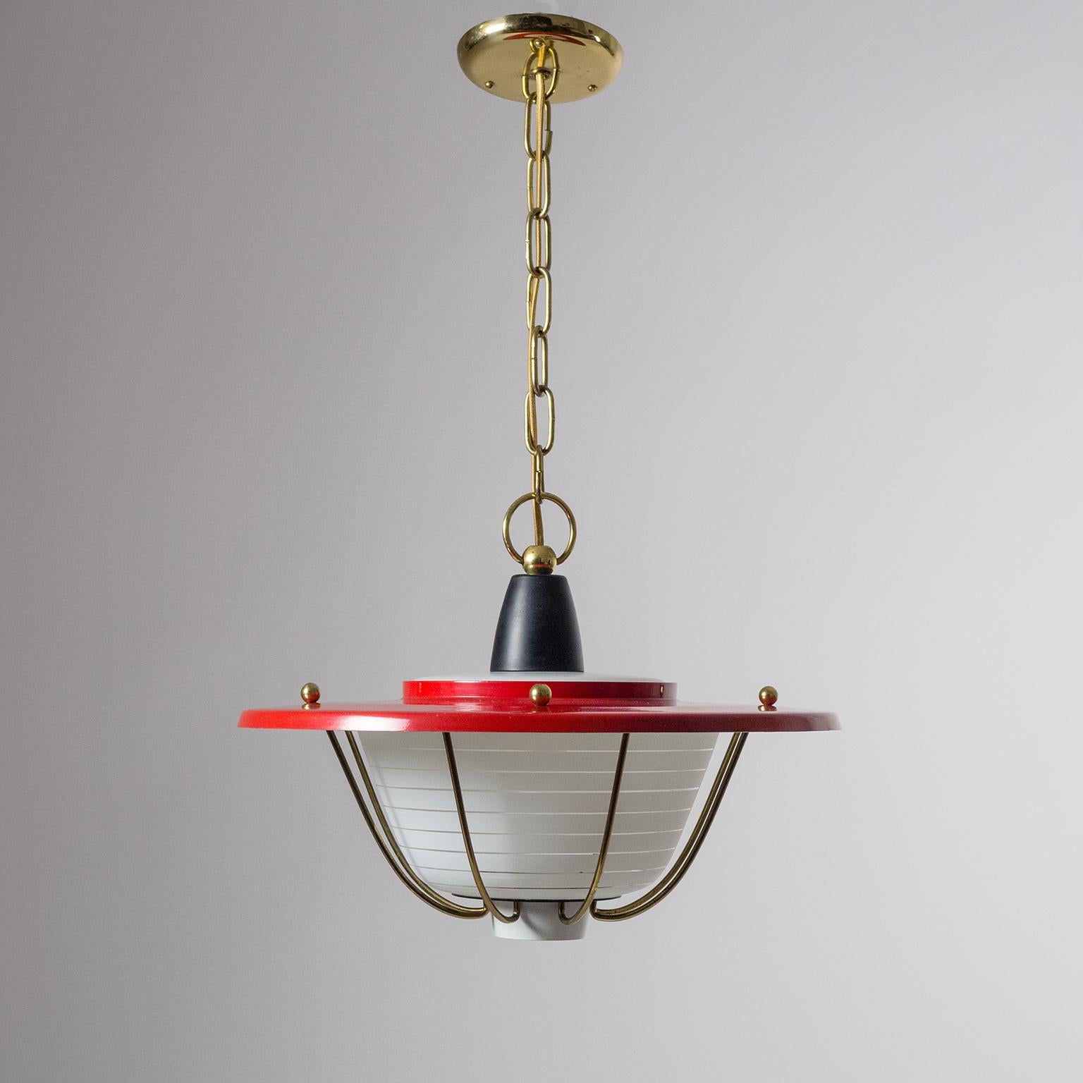 French Lantern, circa 1960, Striped Glass, Brass and Red Shade 1