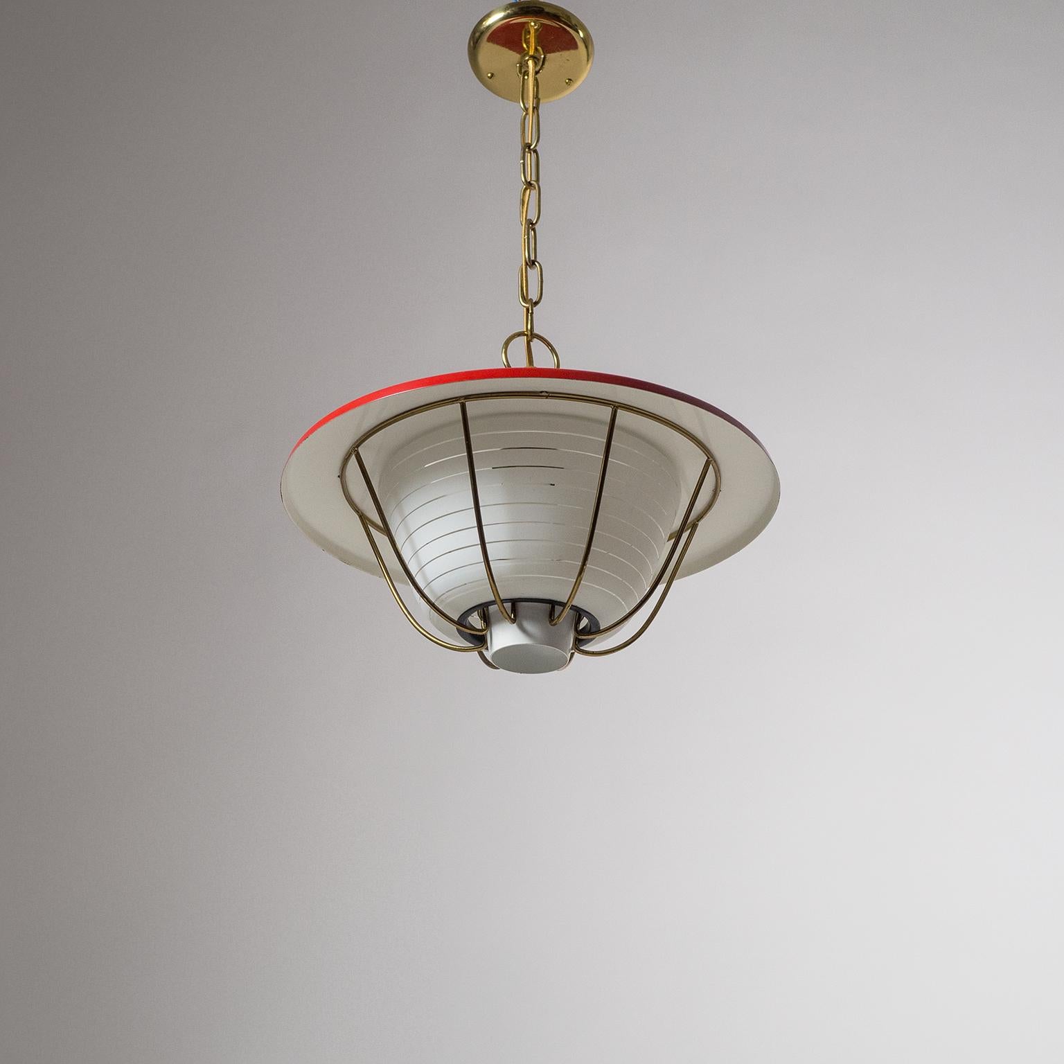 French Lantern, circa 1960, Striped Glass, Brass and Red Shade 3