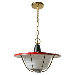 French Lantern, circa 1960, Striped Glass, Brass and Red Shade