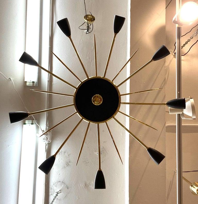 Italian 1950s Large Brass & Black Enamel Star-Burst Ceiling Mount Light 7