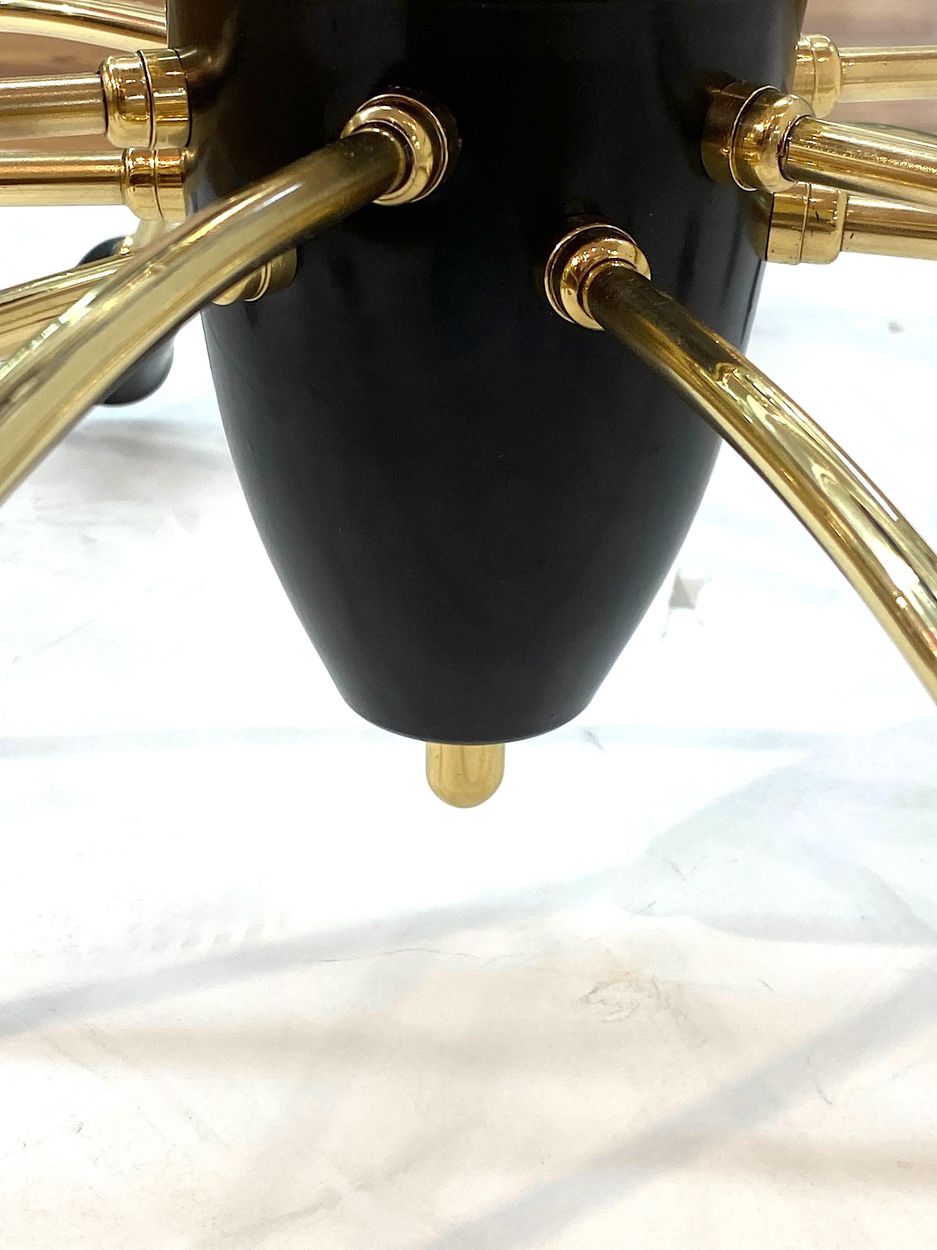 Italian 1950s Large Brass & Black Enamel Star-Burst Ceiling Mount Light For Sale 8