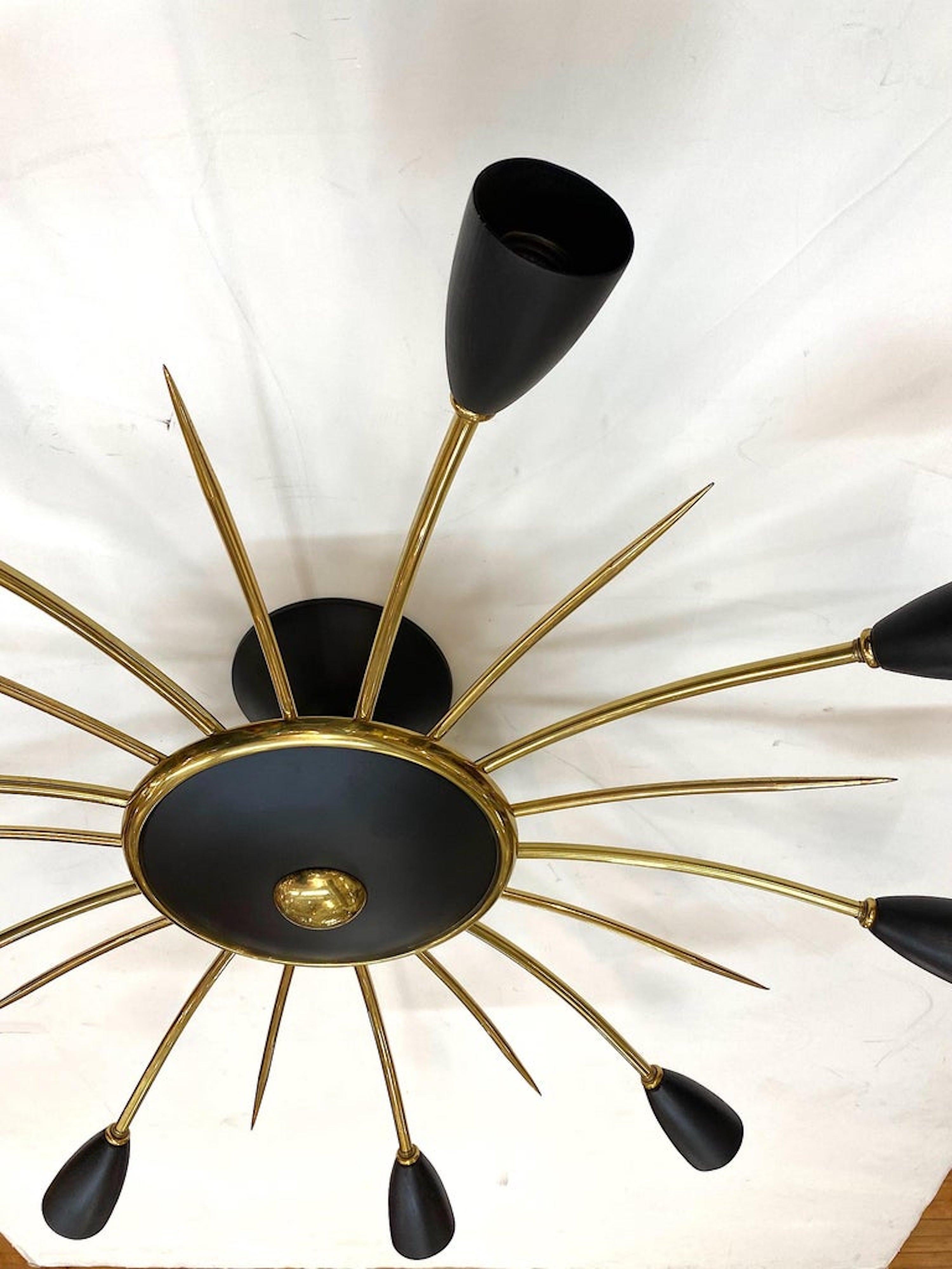 Italian 1950s Large Brass & Black Enamel Star-Burst Ceiling Mount Light 9