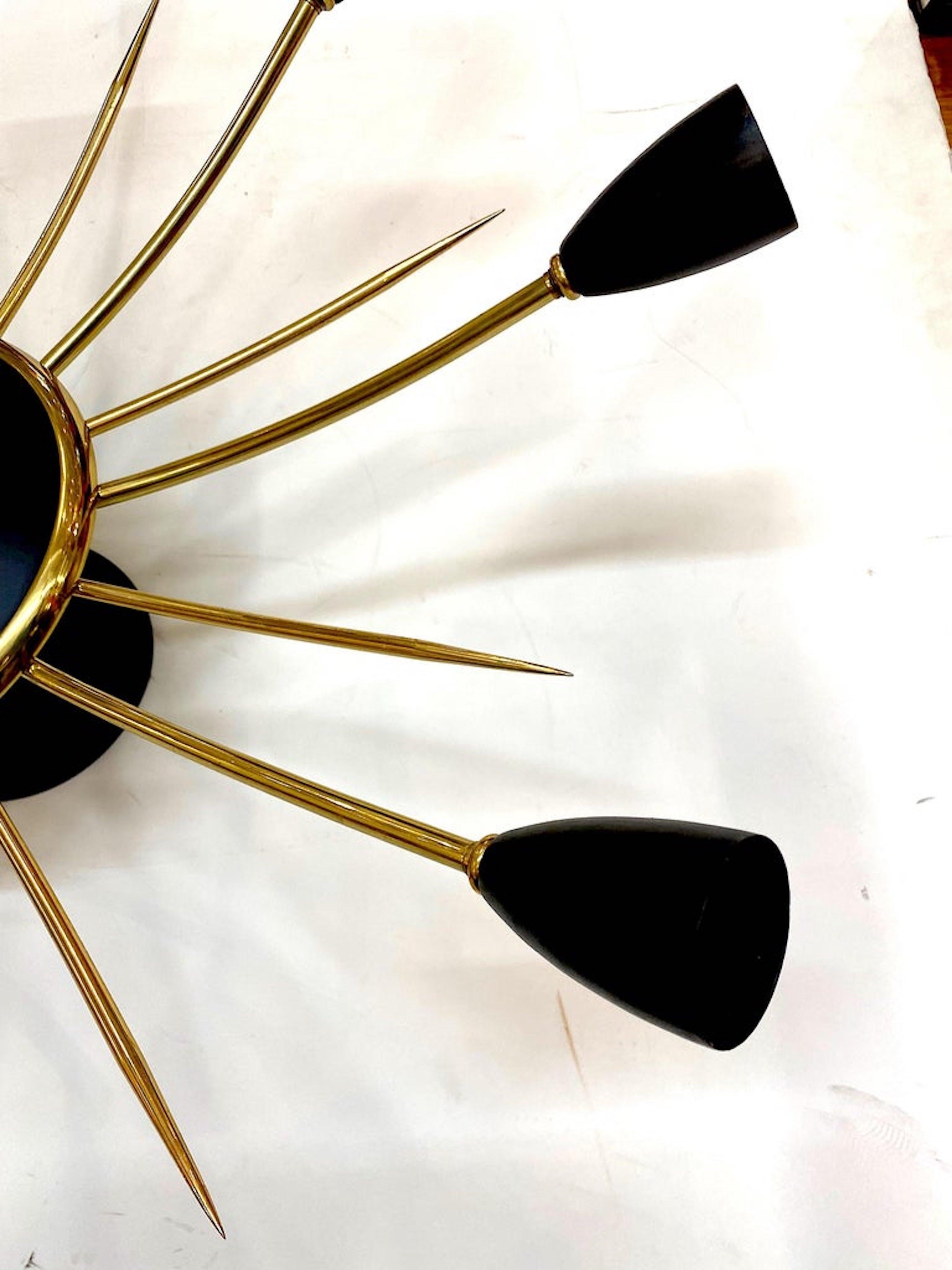 Italian 1950s Large Brass & Black Enamel Star-Burst Ceiling Mount Light 11