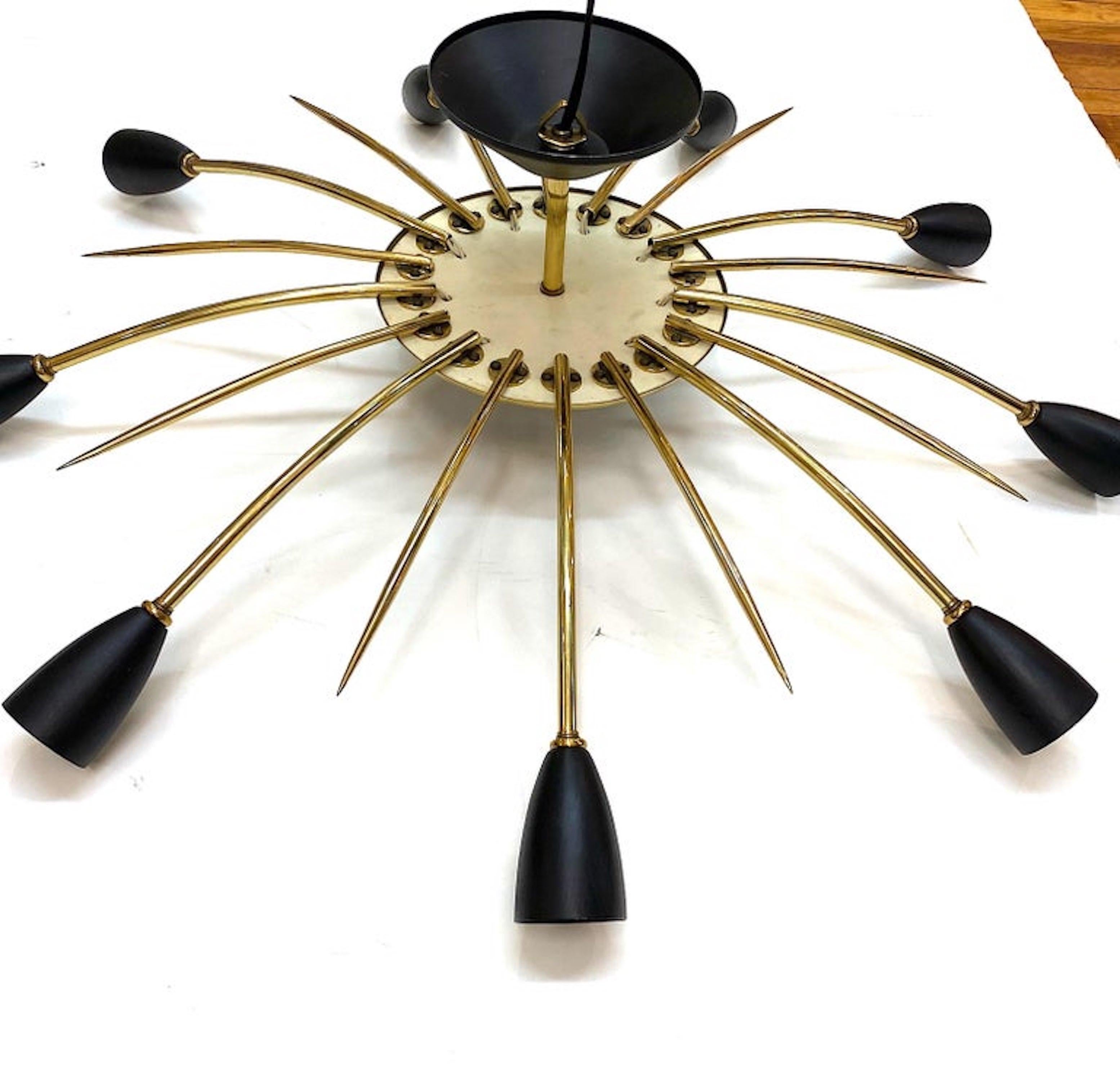 Italian 1950s Large Brass & Black Enamel Star-Burst Ceiling Mount Light 12