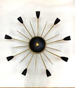 Italian 1950s Large Brass & Black Enamel Star-Burst Ceiling Mount Light