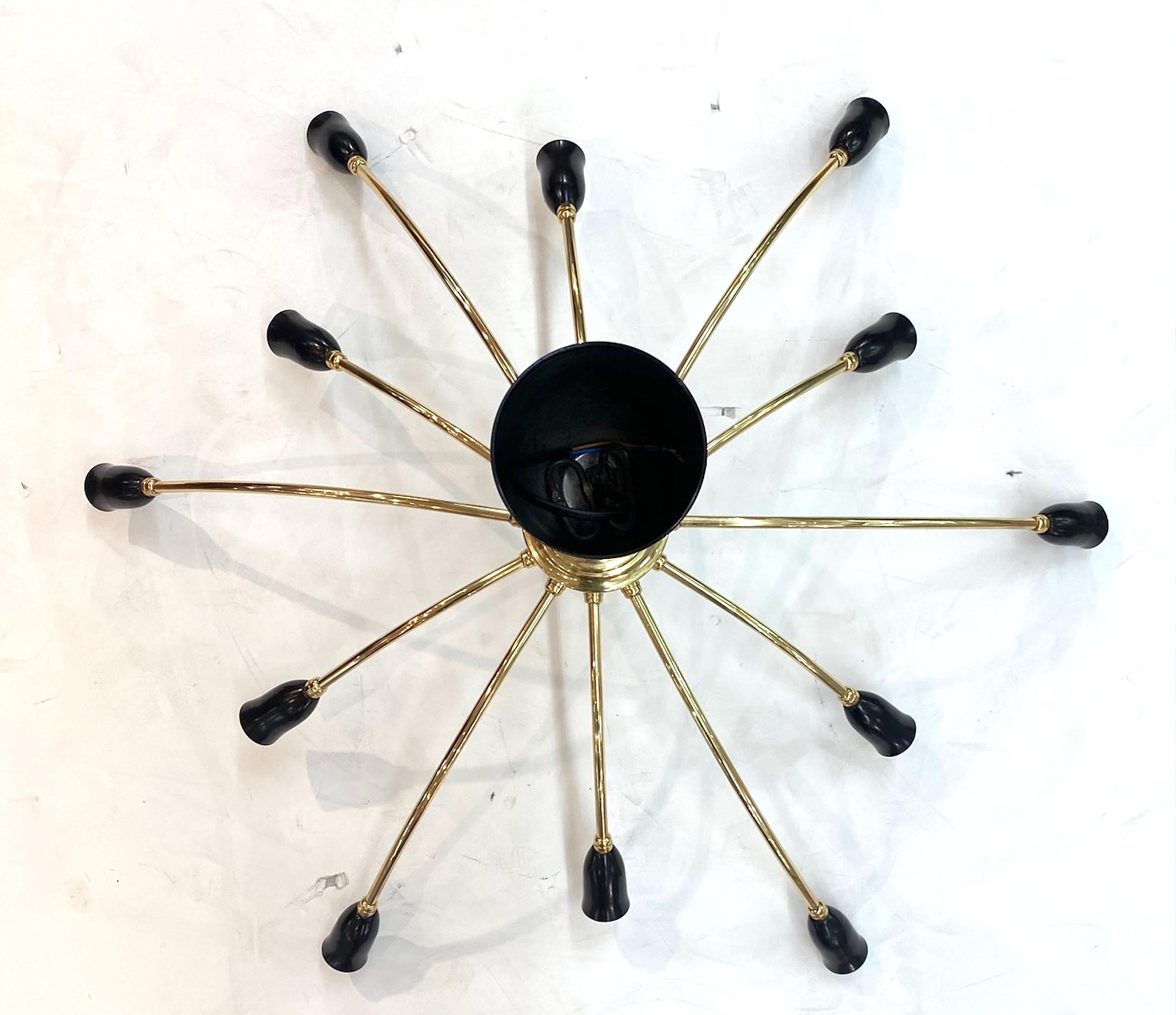 A spectacular and large 1950s Italian brass and satin  black enamel light fixture in a star-burst design. 
12 candelabra sockets.