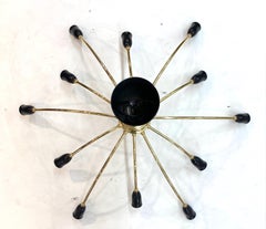Italian 1950s Large Brass & Black Enamel Star-Burst Ceiling Mount Light