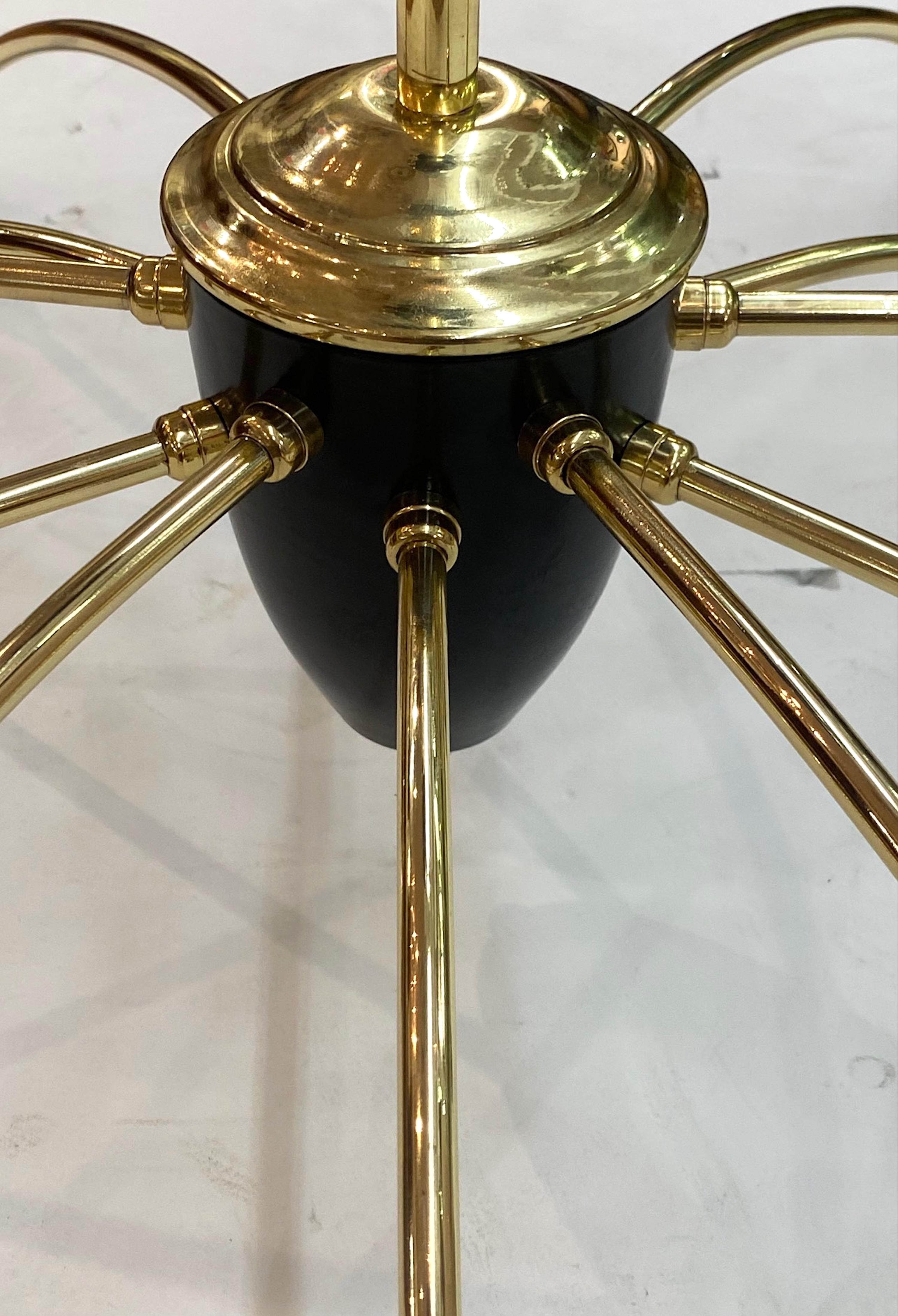 Mid-Century Modern Italian 1950s Large Brass & Black Enamel Star-Burst Ceiling Mount Light For Sale