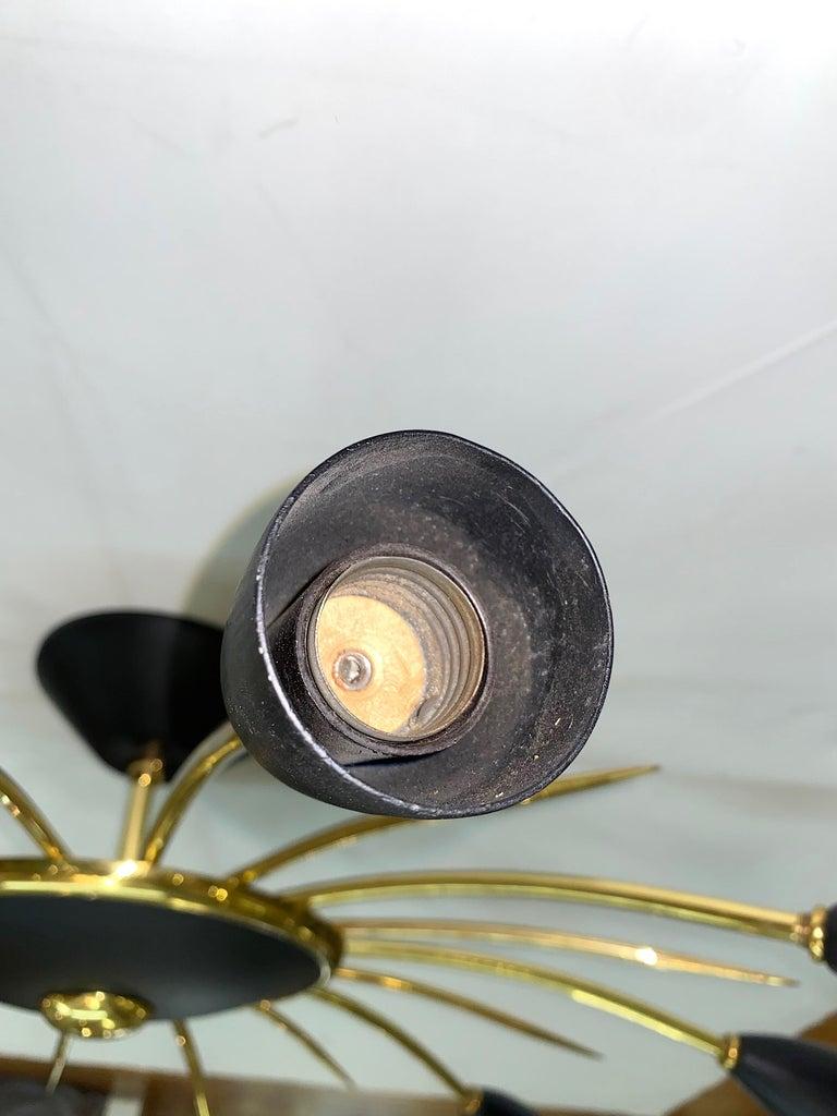 Italian 1950s Large Brass & Black Enamel Star-Burst Ceiling Mount Light 2