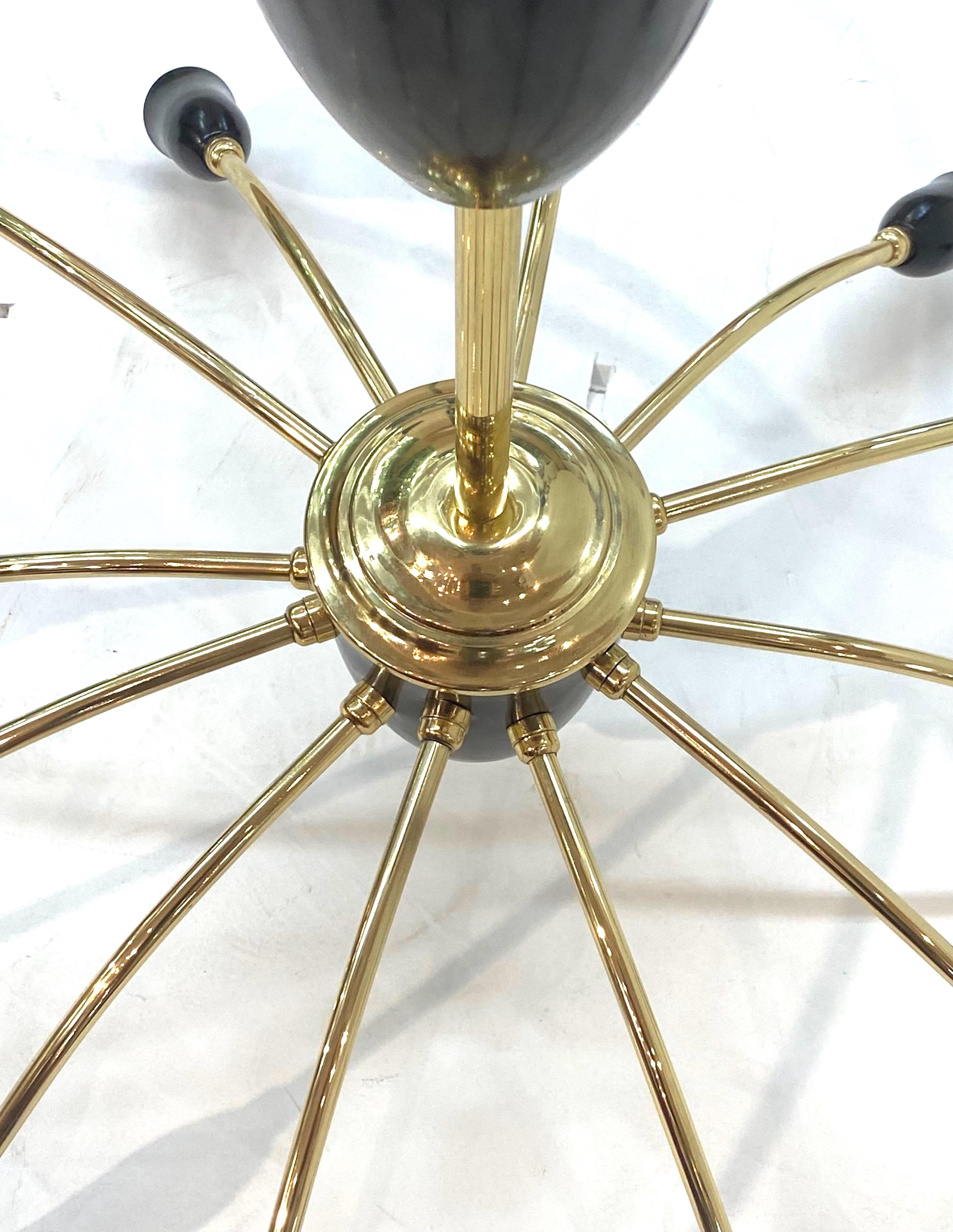 Italian 1950s Large Brass & Black Enamel Star-Burst Ceiling Mount Light For Sale 4