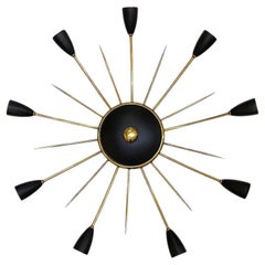 Italian 1950s Large Brass & Black Enamel Star-Burst Ceiling Mount Light