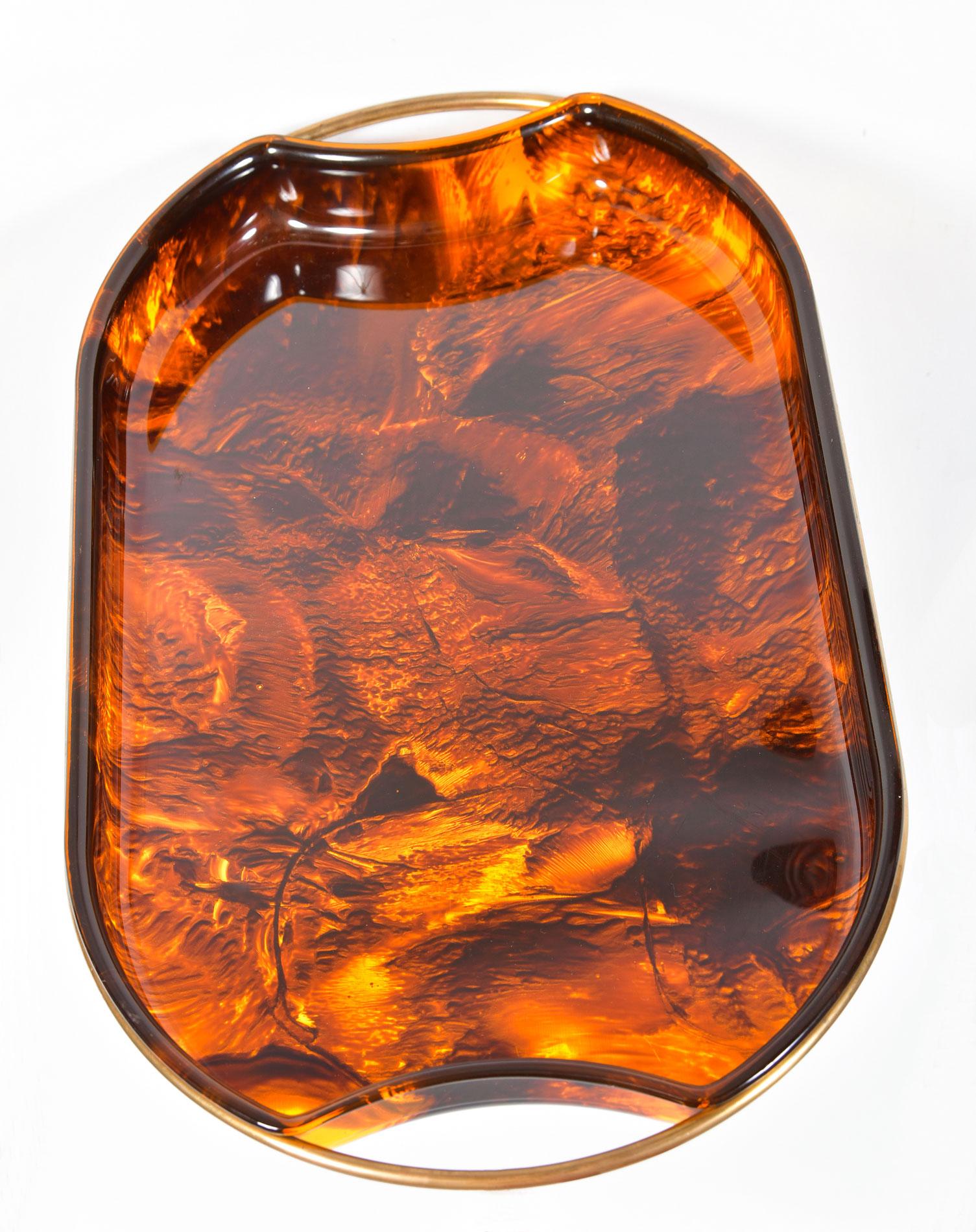 Italian 1950s Lucite and Brass Faux Tortoise Shell Tray In Good Condition In London, GB