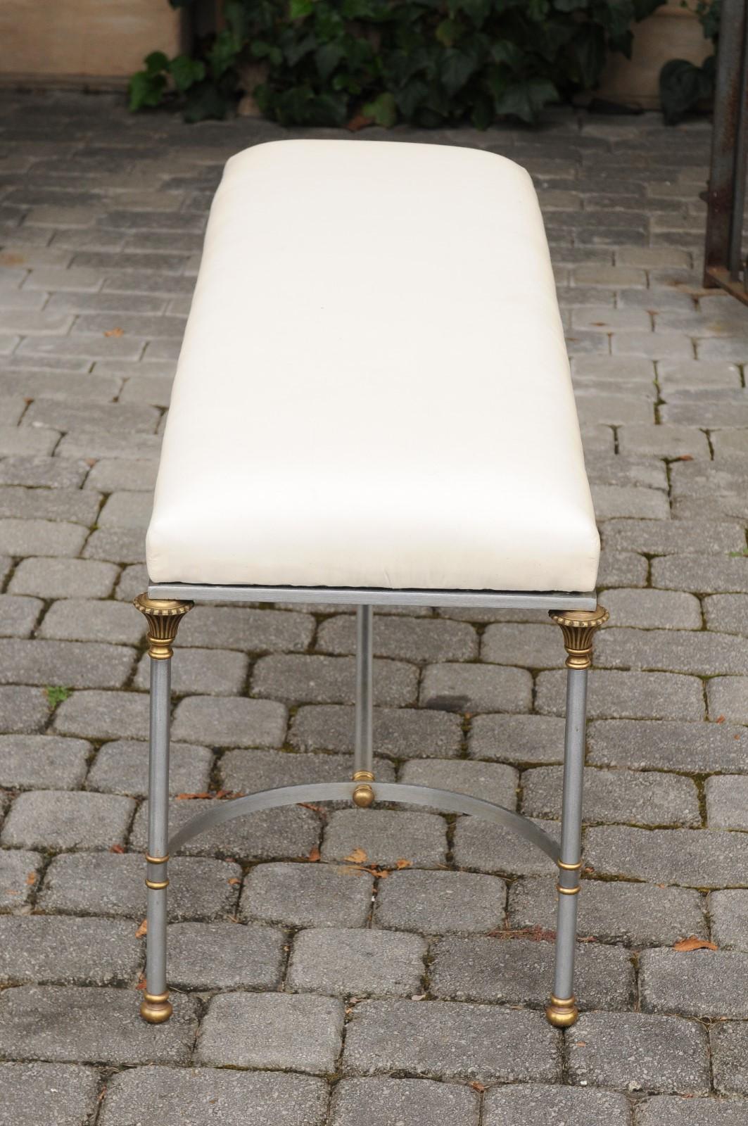 Italian 1950s Maison Jansen Style Steel and Brass Bench with Floriform Capitals 7