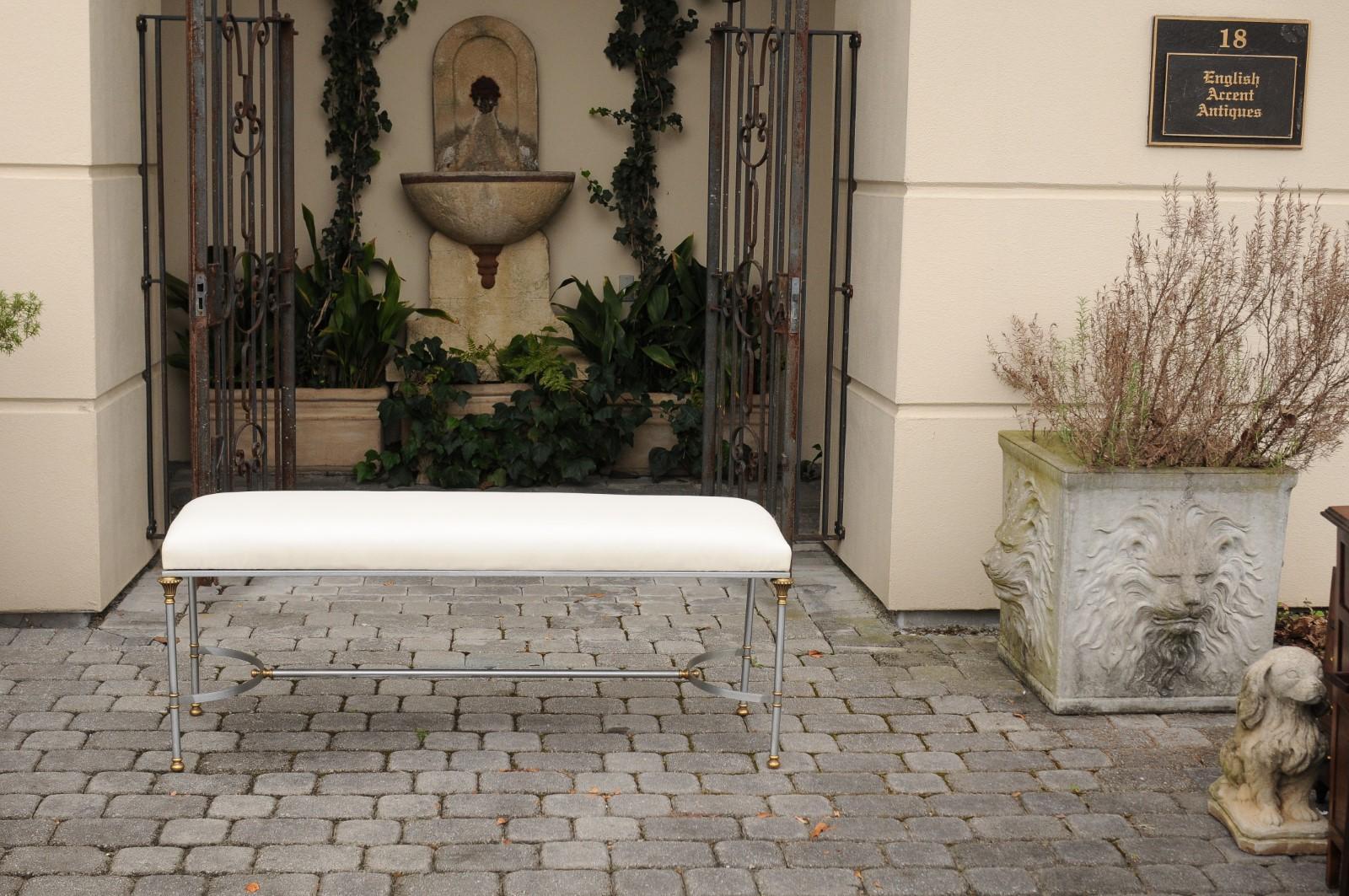 Mid-Century Modern Italian 1950s Maison Jansen Style Steel and Brass Bench with Floriform Capitals