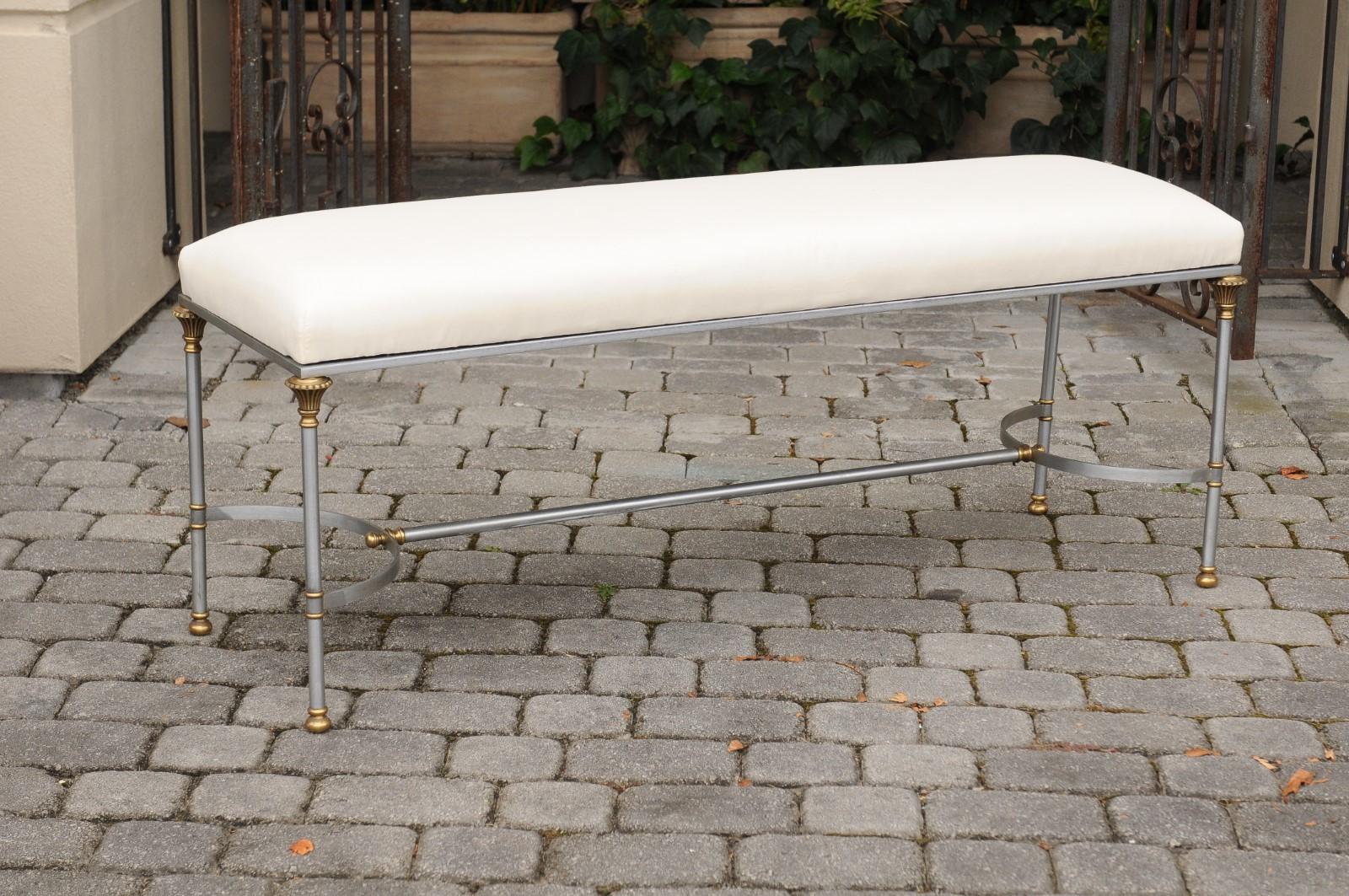 Italian 1950s Maison Jansen Style Steel and Brass Bench with Floriform Capitals In Good Condition In Atlanta, GA