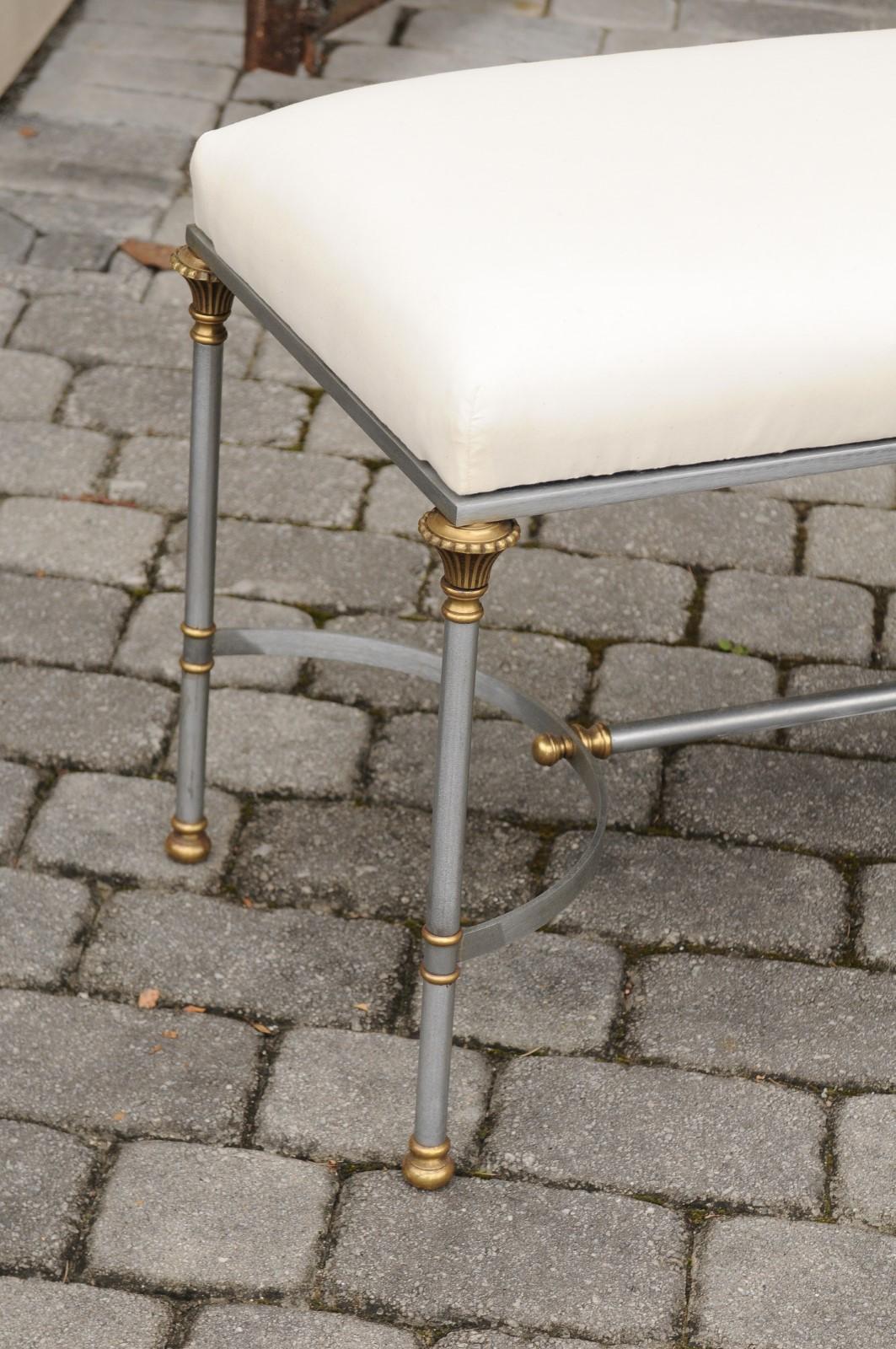 20th Century Italian 1950s Maison Jansen Style Steel and Brass Bench with Floriform Capitals