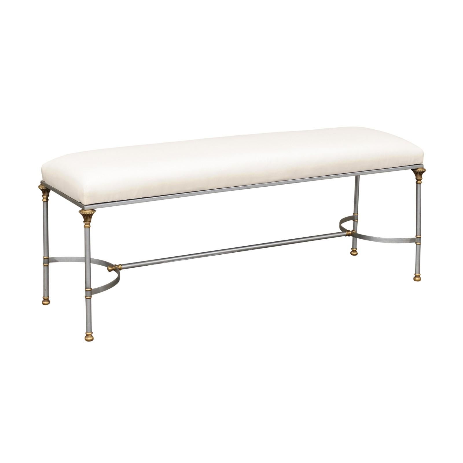 Italian 1950s Maison Jansen Style Steel and Brass Bench with Floriform Capitals