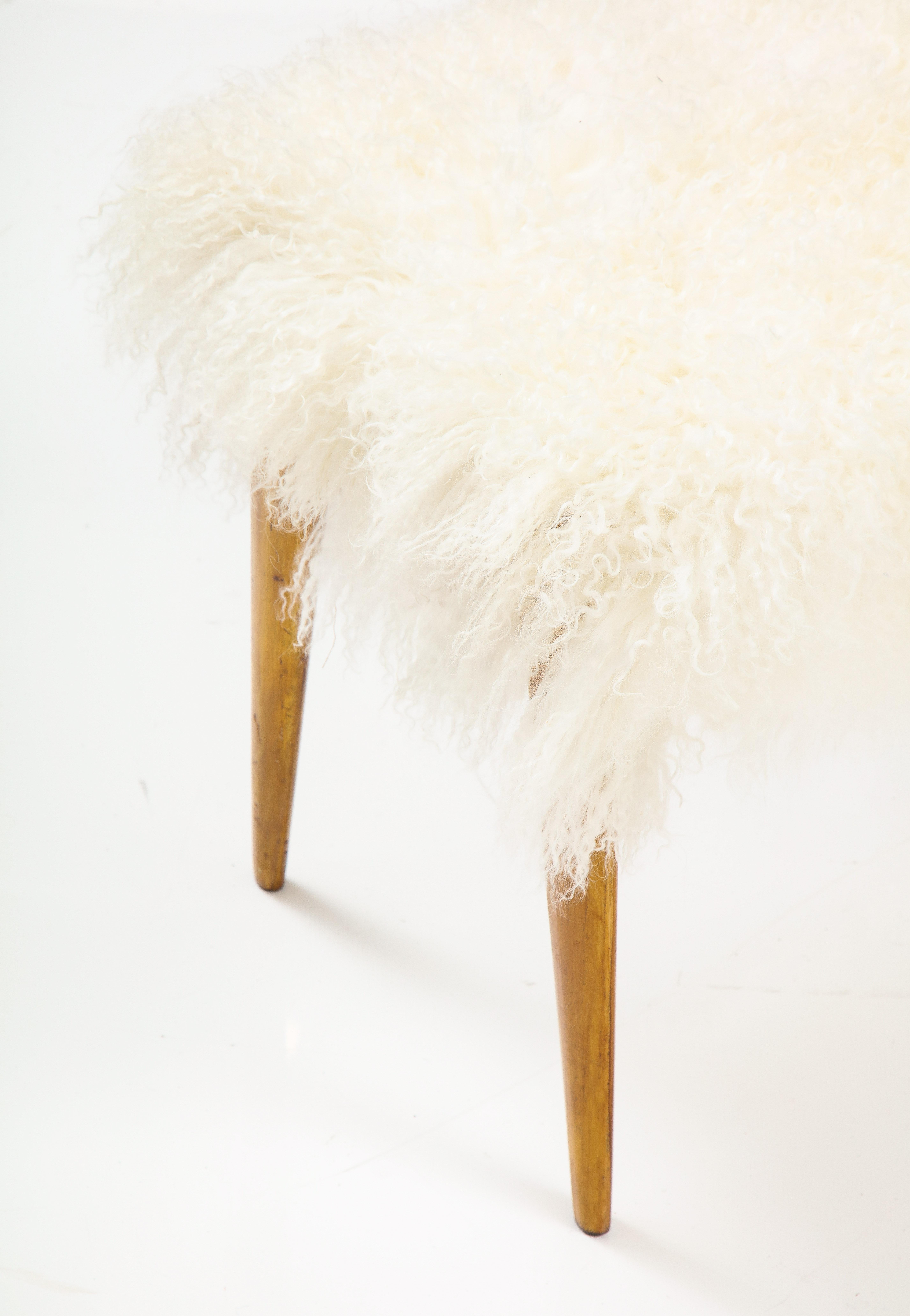 Italian 1950's Maple Wood Stool/Bench with Mongolian Sheepskin In Good Condition For Sale In New York, NY