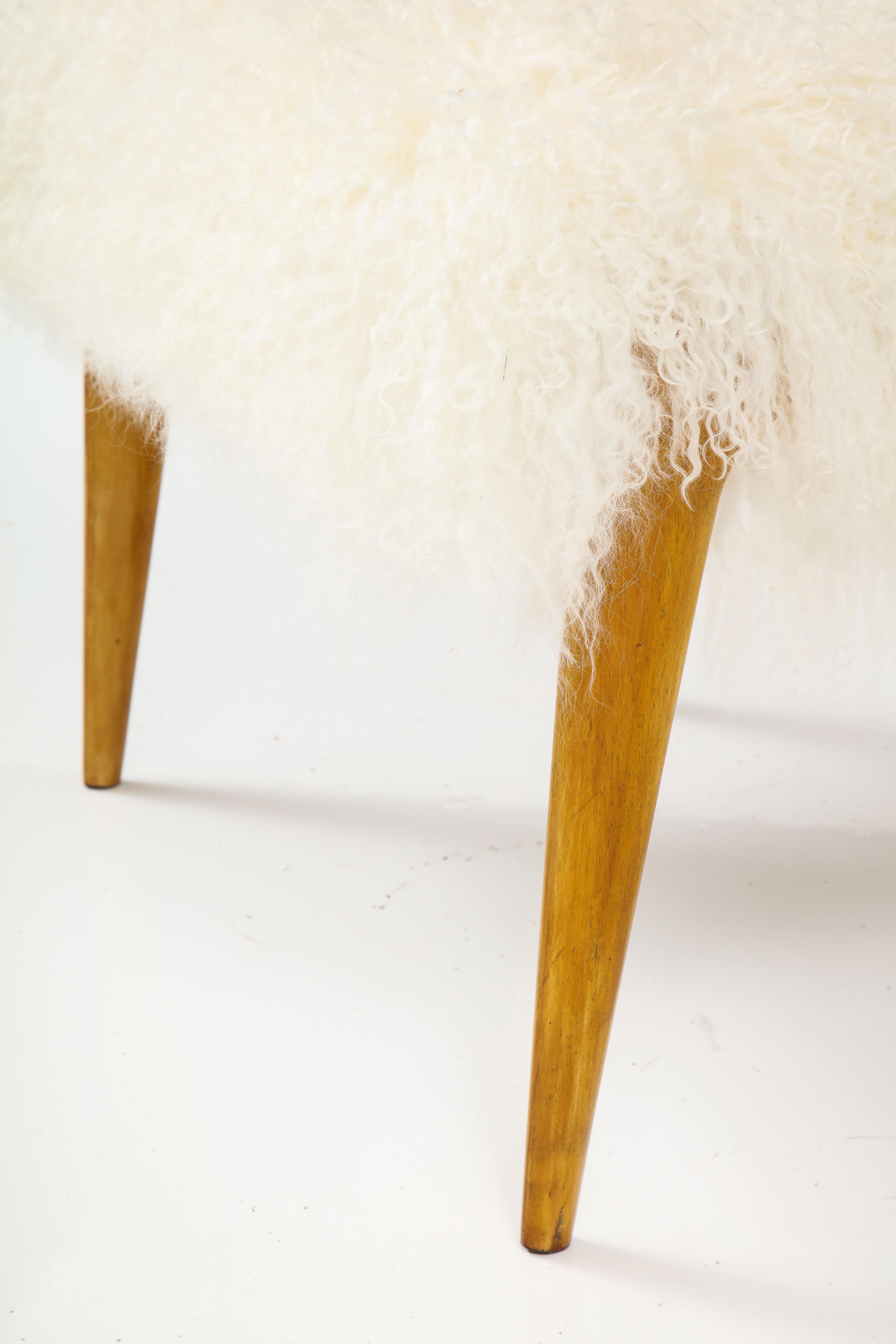 Mid-20th Century Italian 1950's Maple Wood Stool/Bench with Mongolian Sheepskin For Sale
